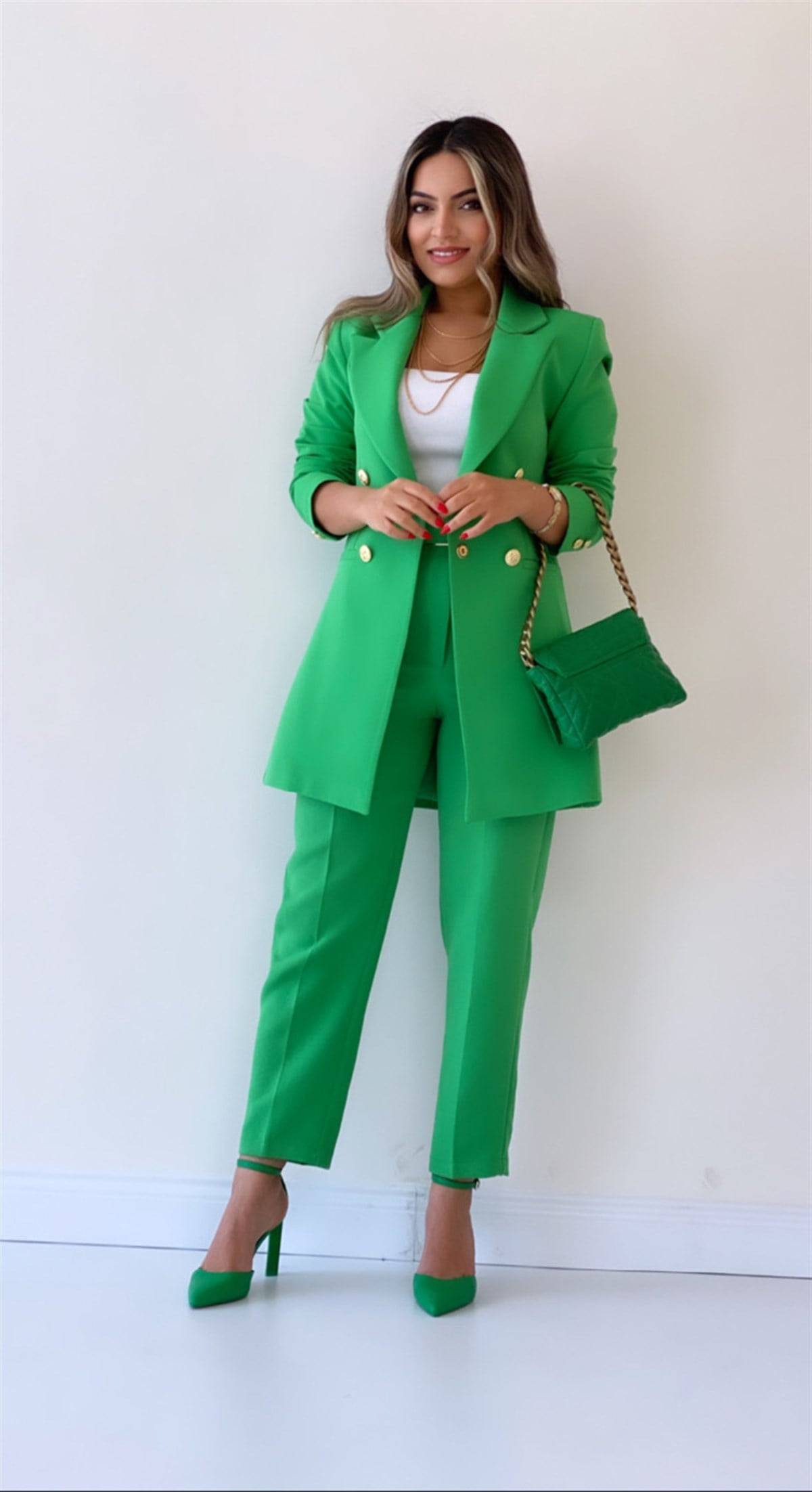 Uzun Gold Düğmeli Blazer Ceket Yeşil
