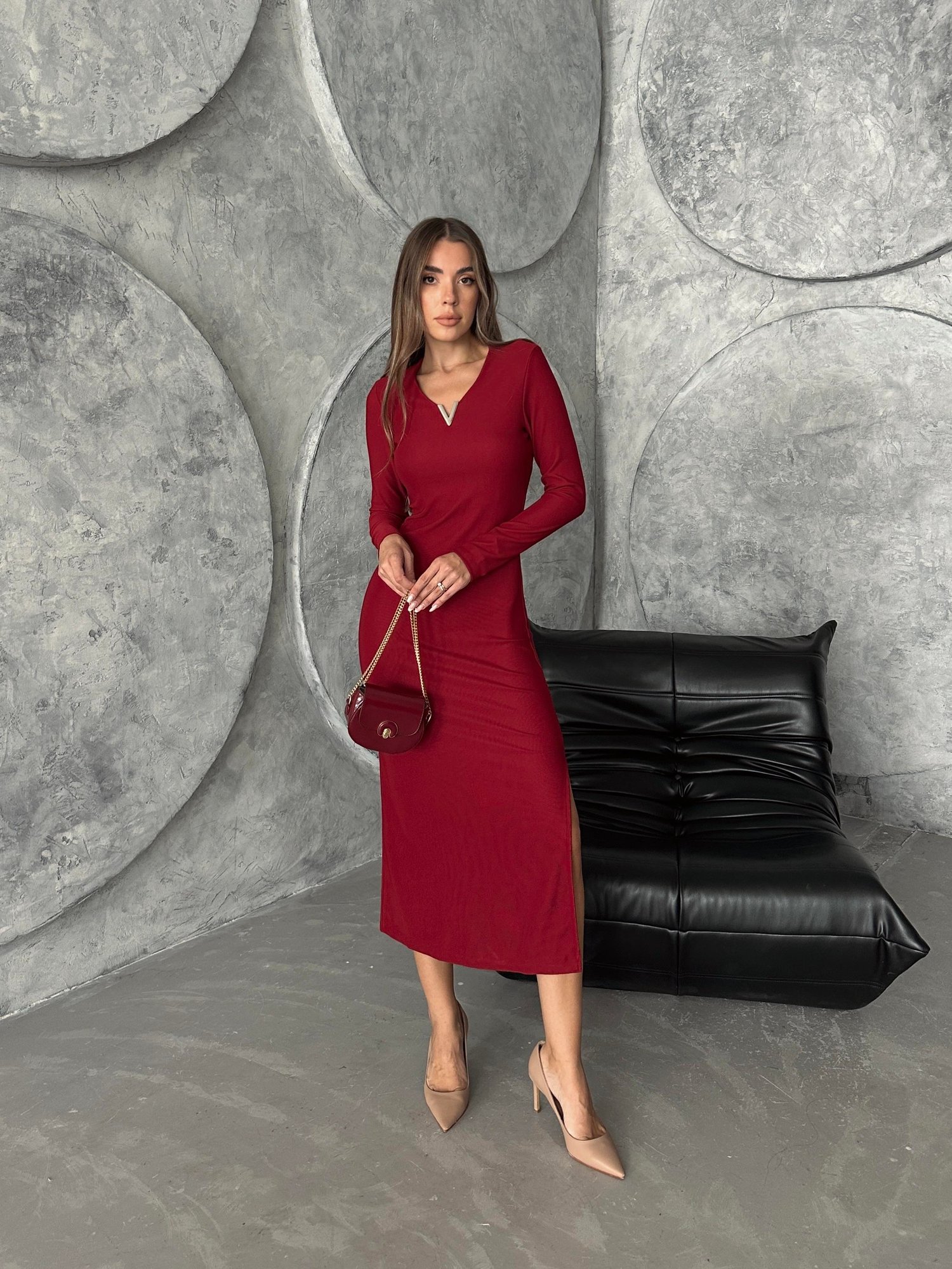 V Tokalı Çelik Triko Elbise Bordo