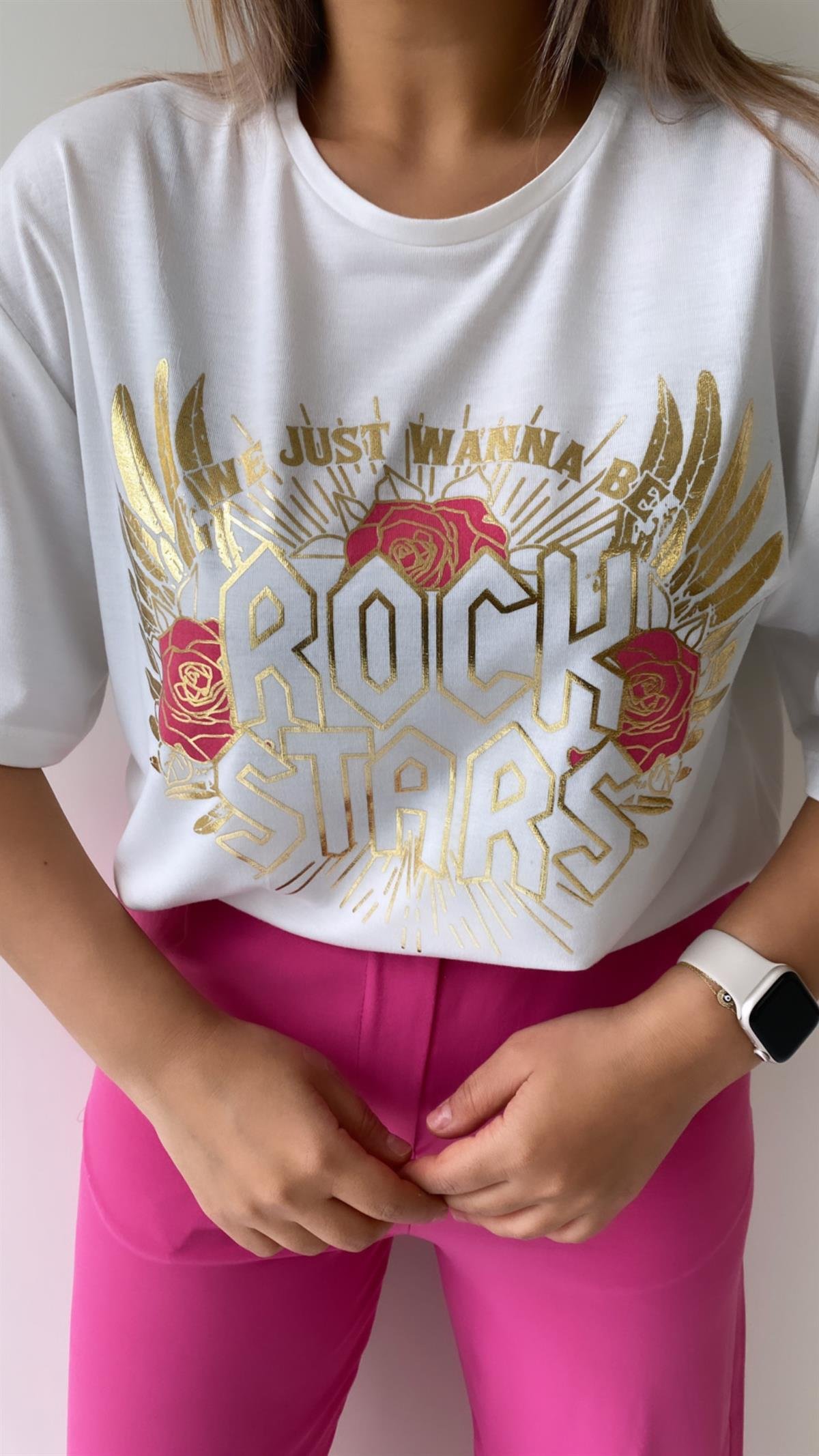 Varak Pembe Baskılı Rock Stars Tişört Ekru
