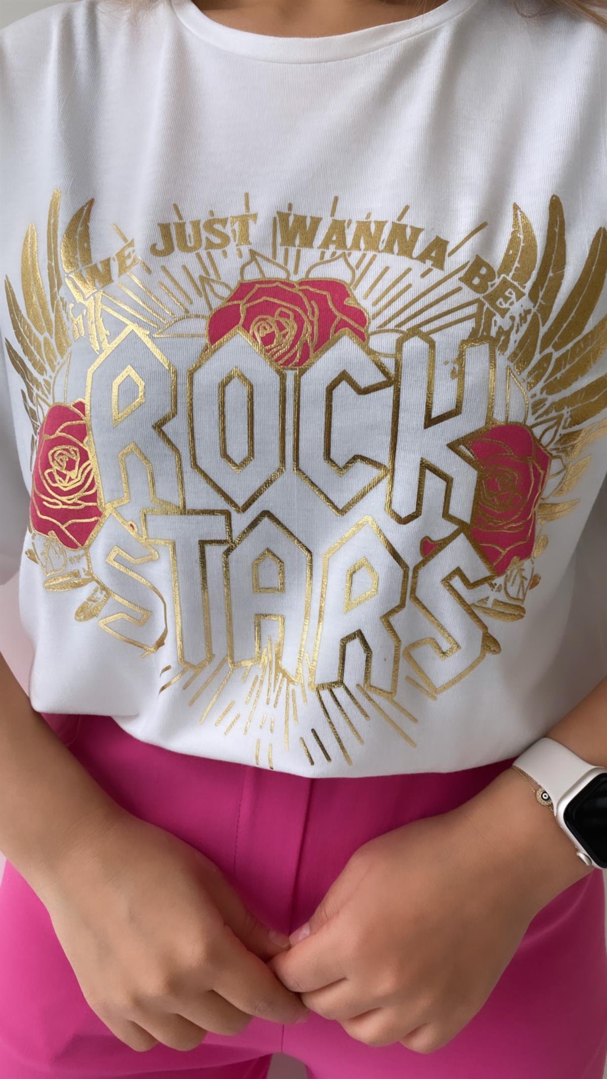 Varak Pembe Baskılı Rock Stars Tişört Ekru