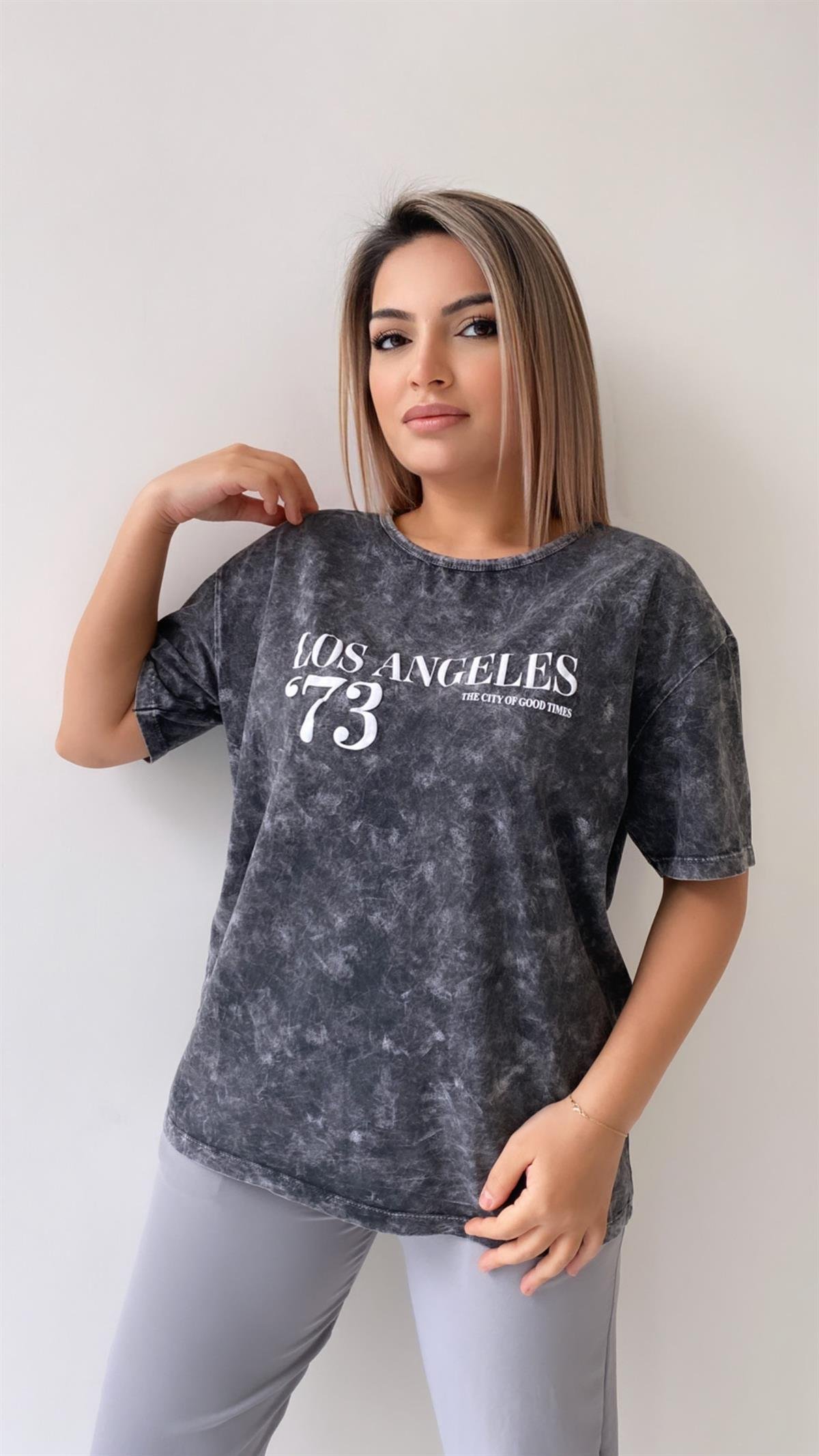 Yıkamalı Los Angeles Tişört Antrasit