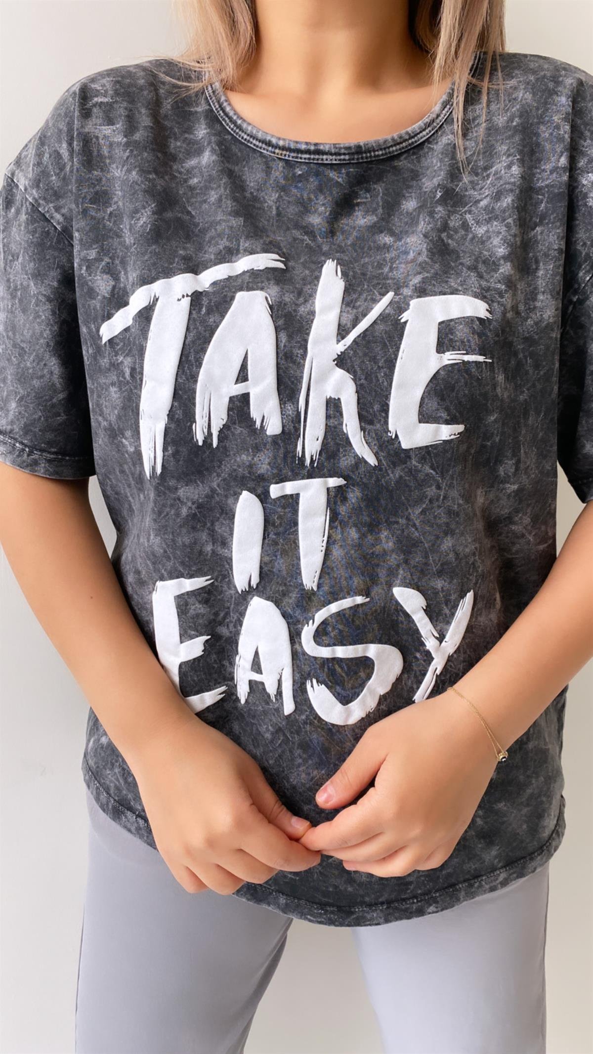 Yıkamalı Take Is Easy Tişört Antrasit