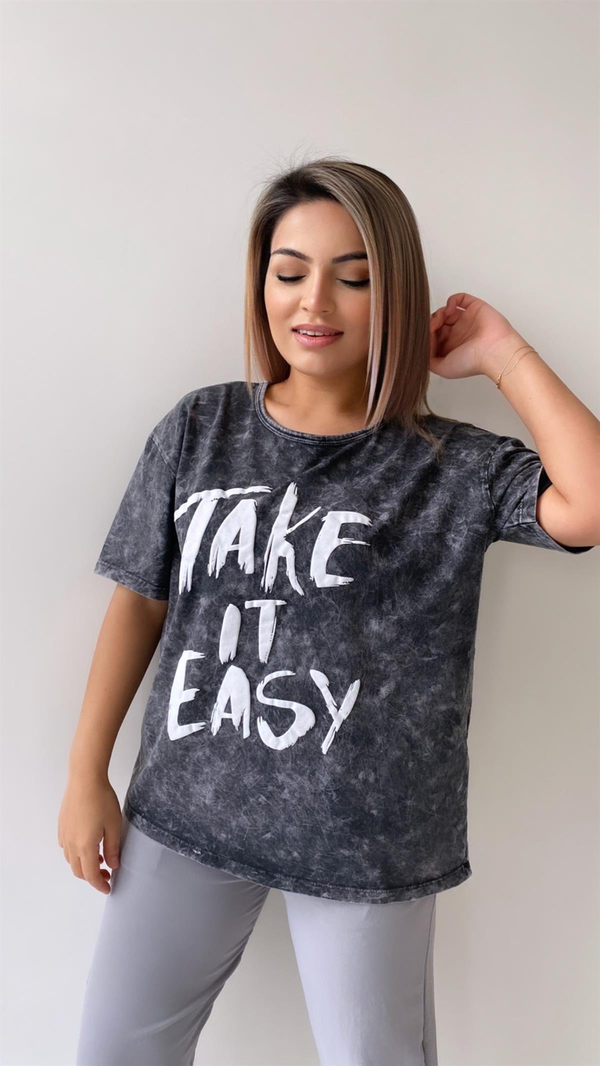 Yıkamalı Take Is Easy Tişört Antrasit