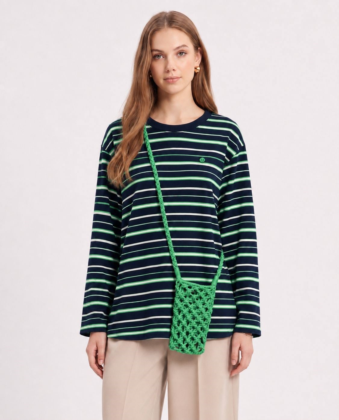 Çizgili Çanta Aksesuarlı Sweatshirt Yeşil