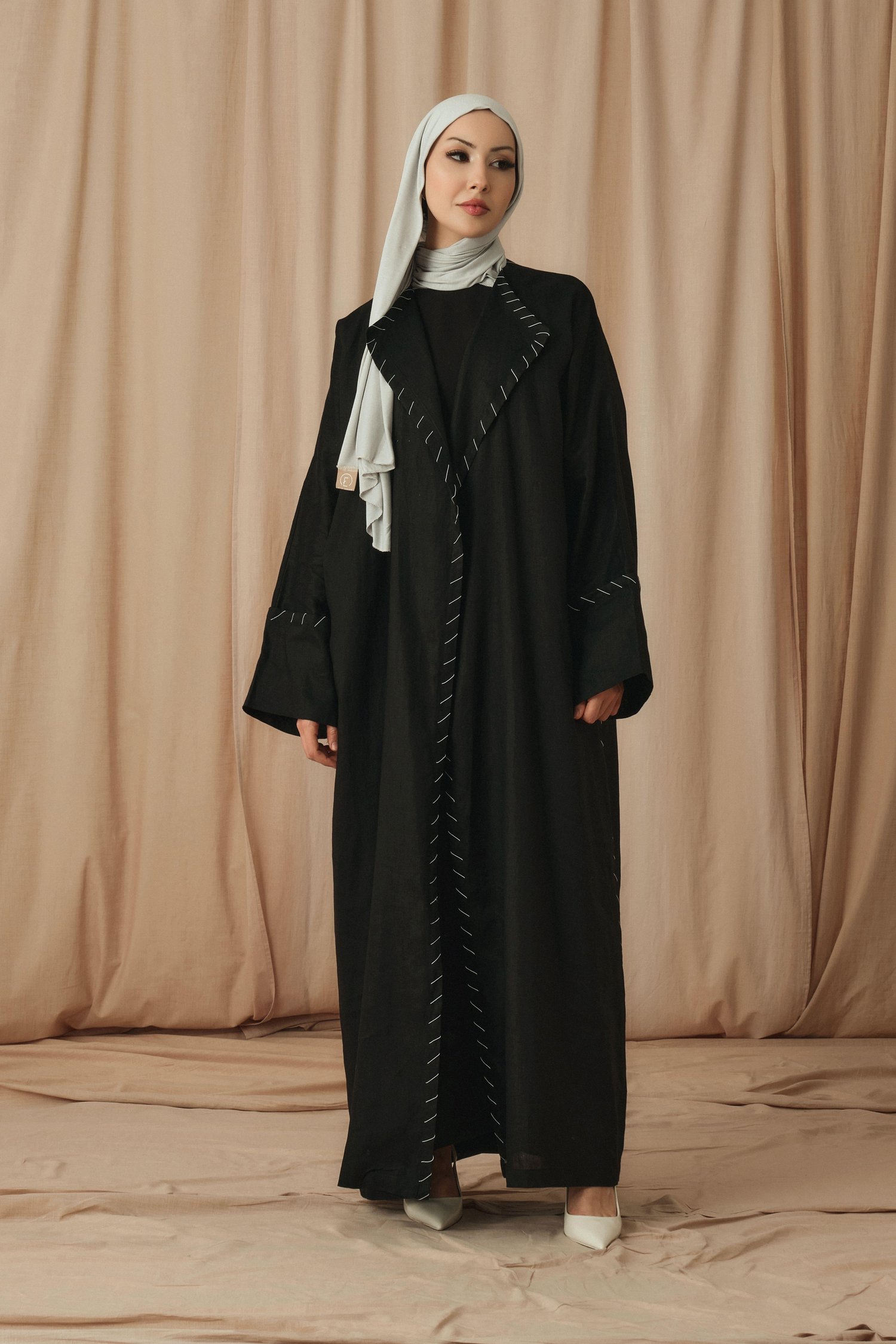 EL DİKİŞLİ KETEN ABAYA-SİYAH
