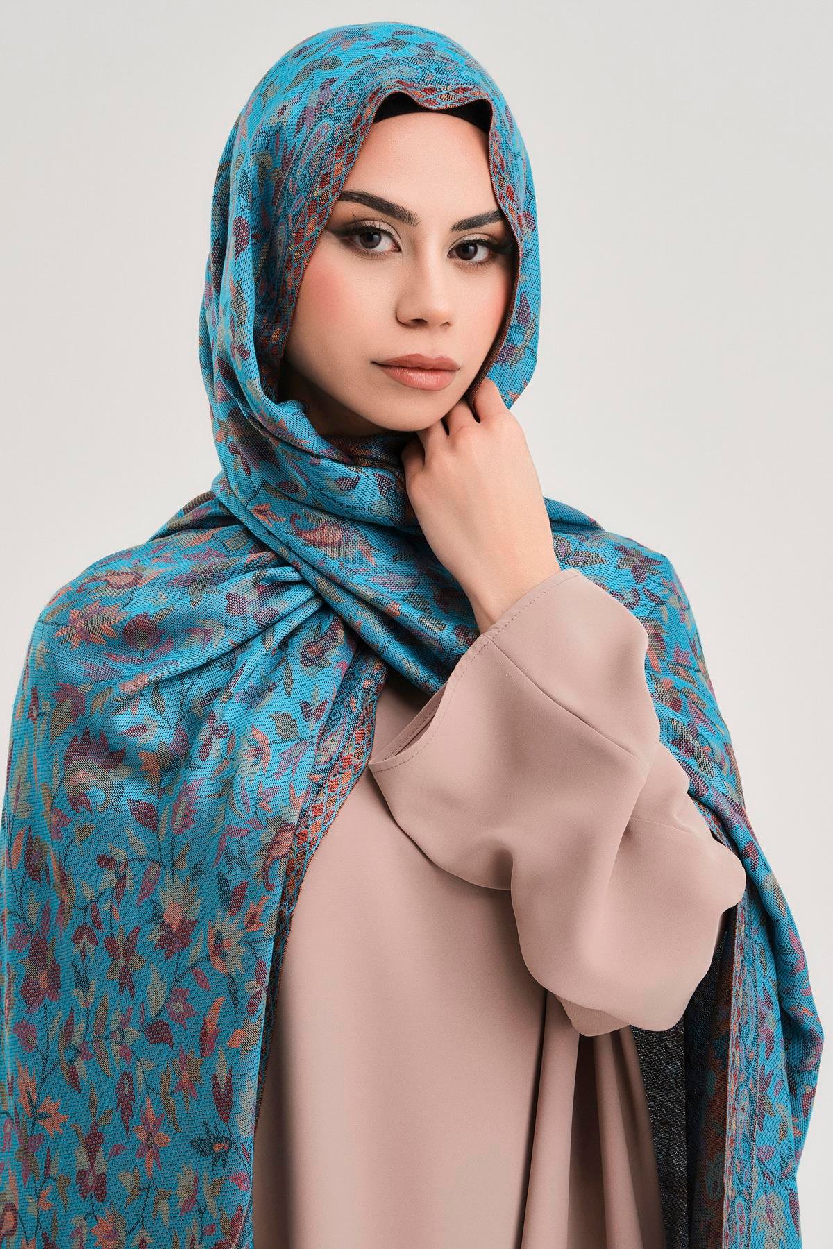 FLORAL KAŞMİR DOKUMA ŞAL-TURKUAZ