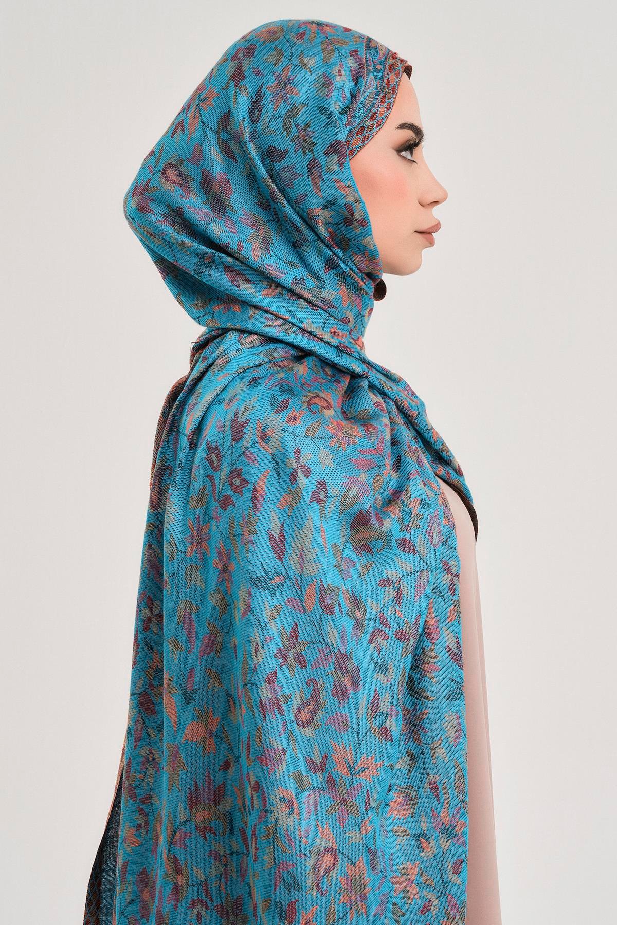 FLORAL KAŞMİR DOKUMA ŞAL-TURKUAZ