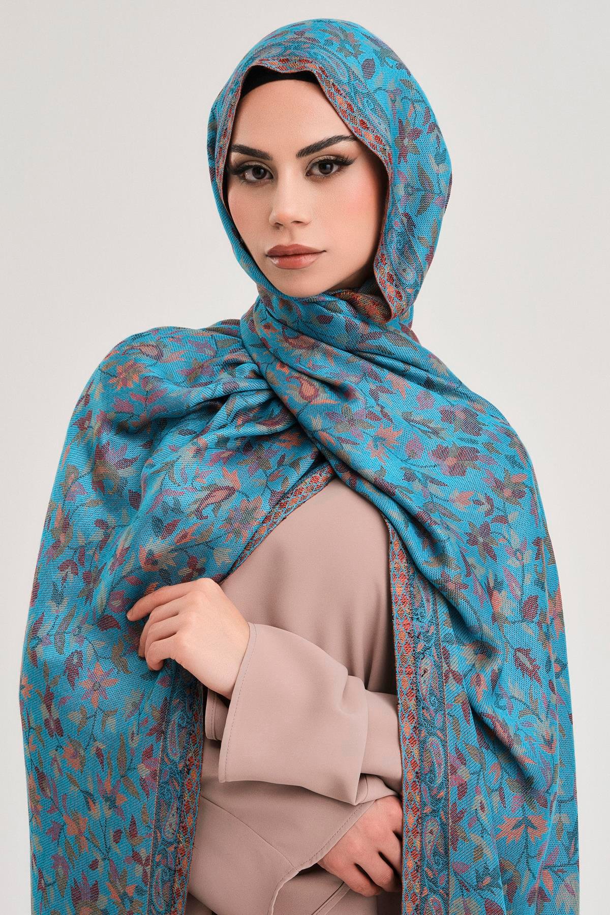FLORAL KAŞMİR DOKUMA ŞAL-TURKUAZ