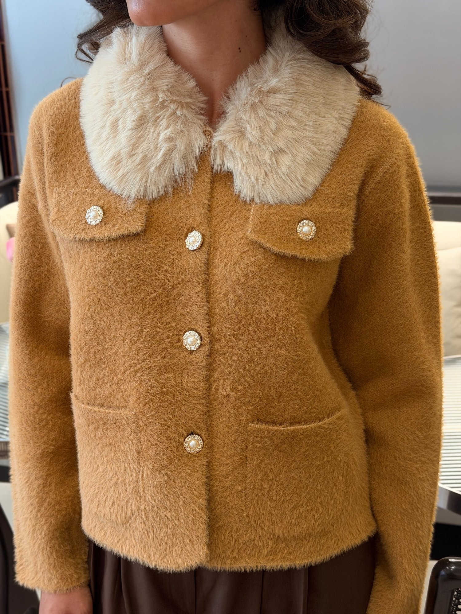Kürk Yakalı Peluş Ceket Camel