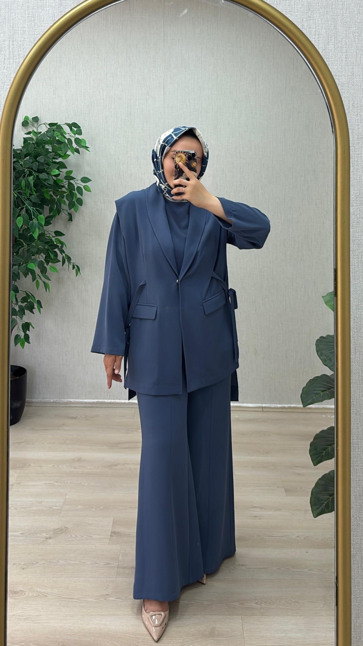 Armine 3'lü Yelekli Takım İndigo