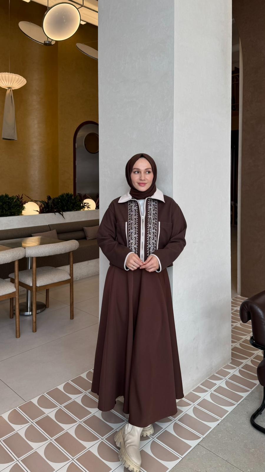 Kaşe Nakış Ceket-Kahve