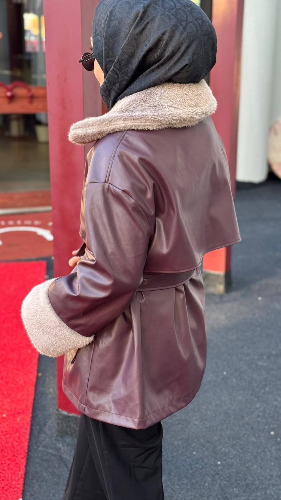 Kürklü Deri Ceket-Bordo