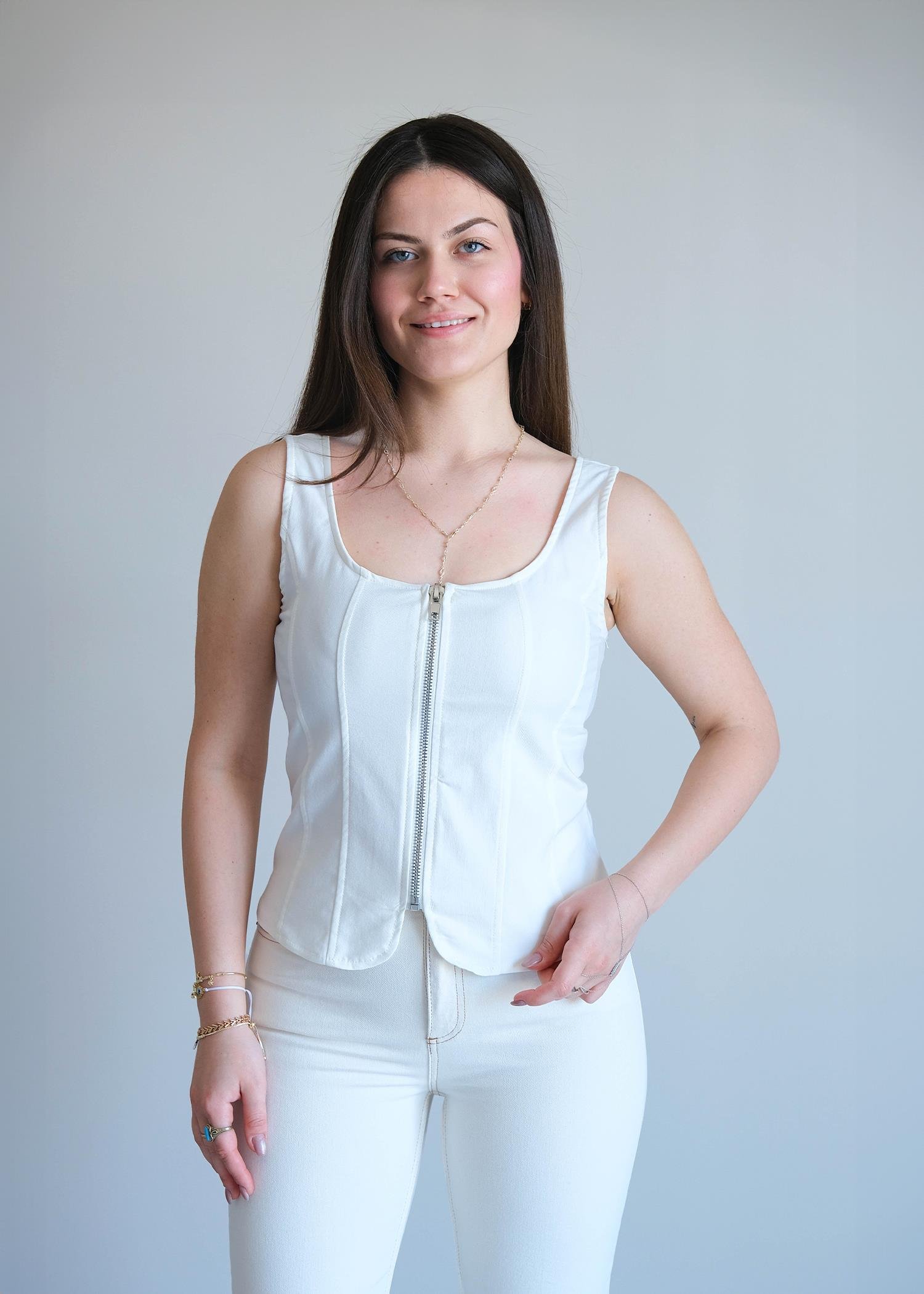 Askılı Fermuarlı Bluz Ekru