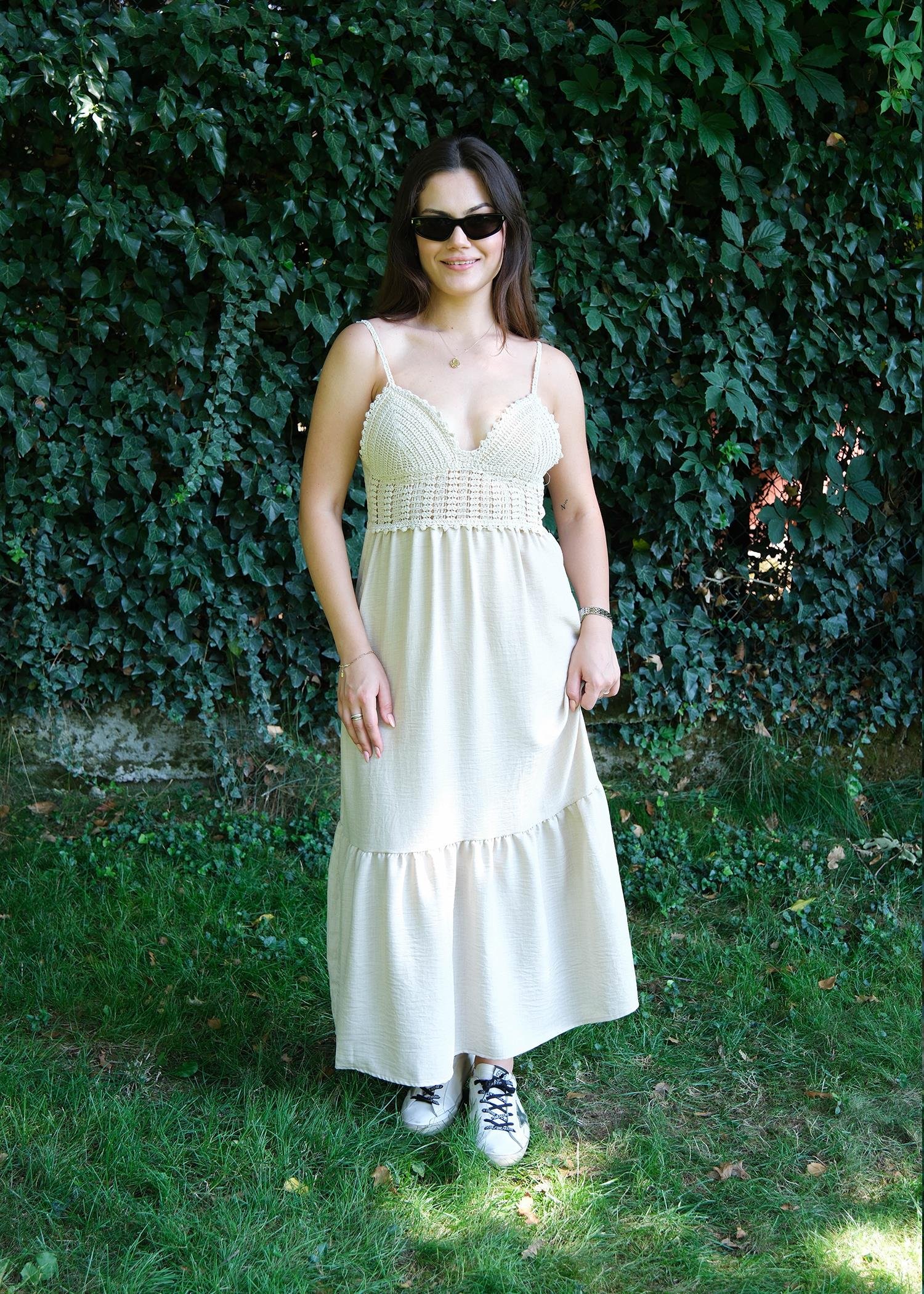 Askılı Üstü Örgülü Uzun Elbise Ham