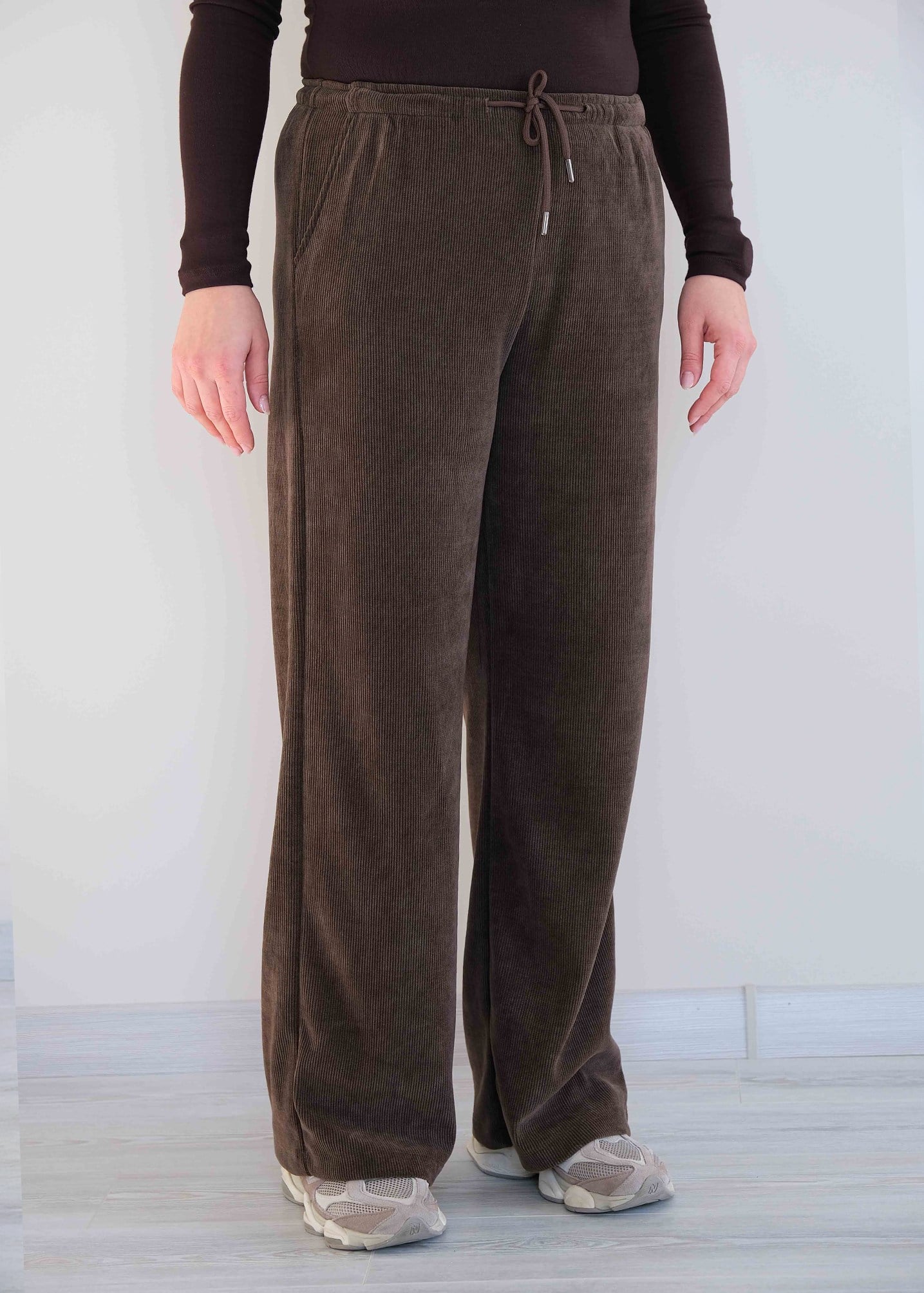 Beli Lastikli Fitilli Kadife Bol Paça Pantolon Kahve