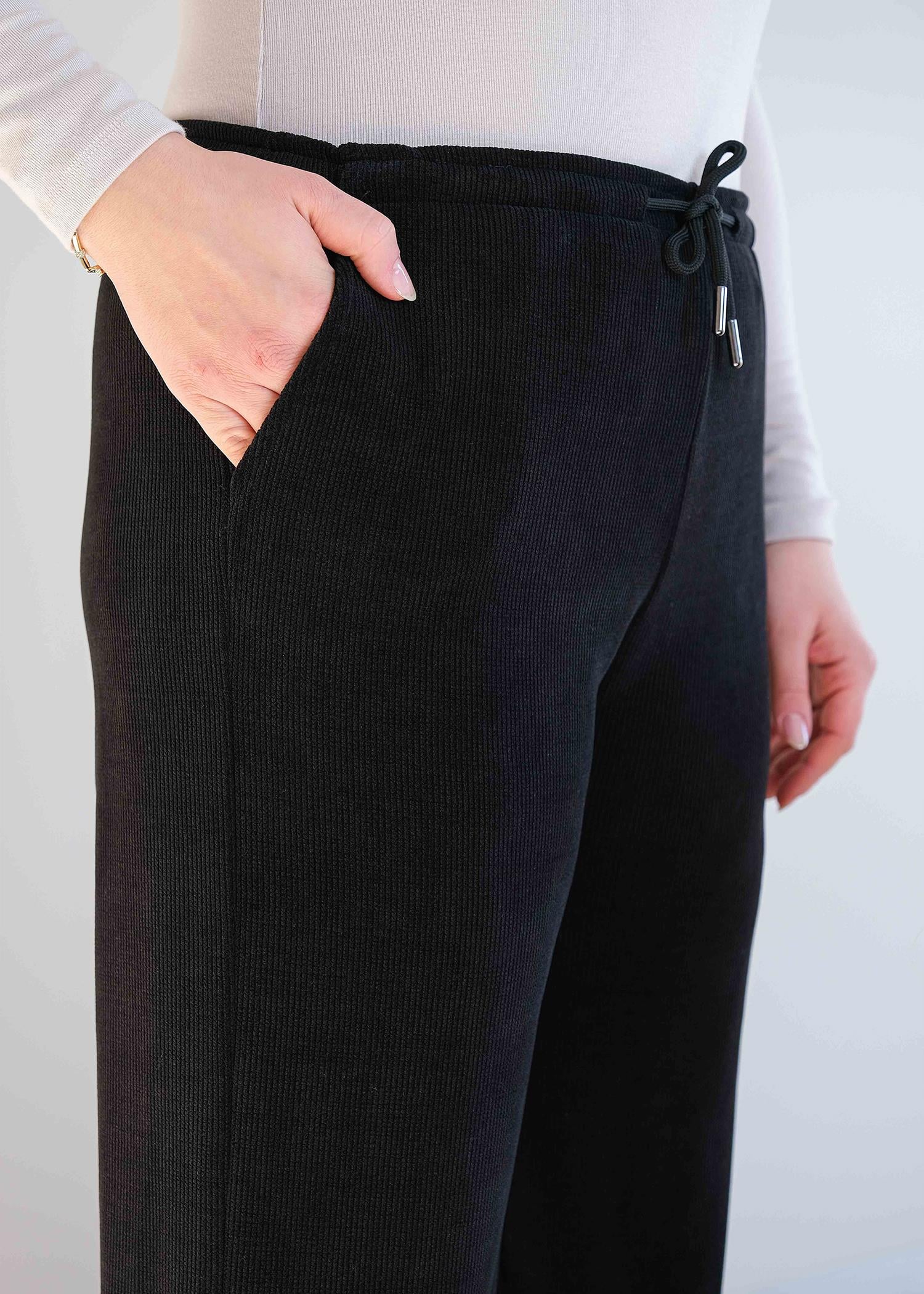 Beli Lastikli Fitilli Kadife Bol Paça Pantolon Siyah