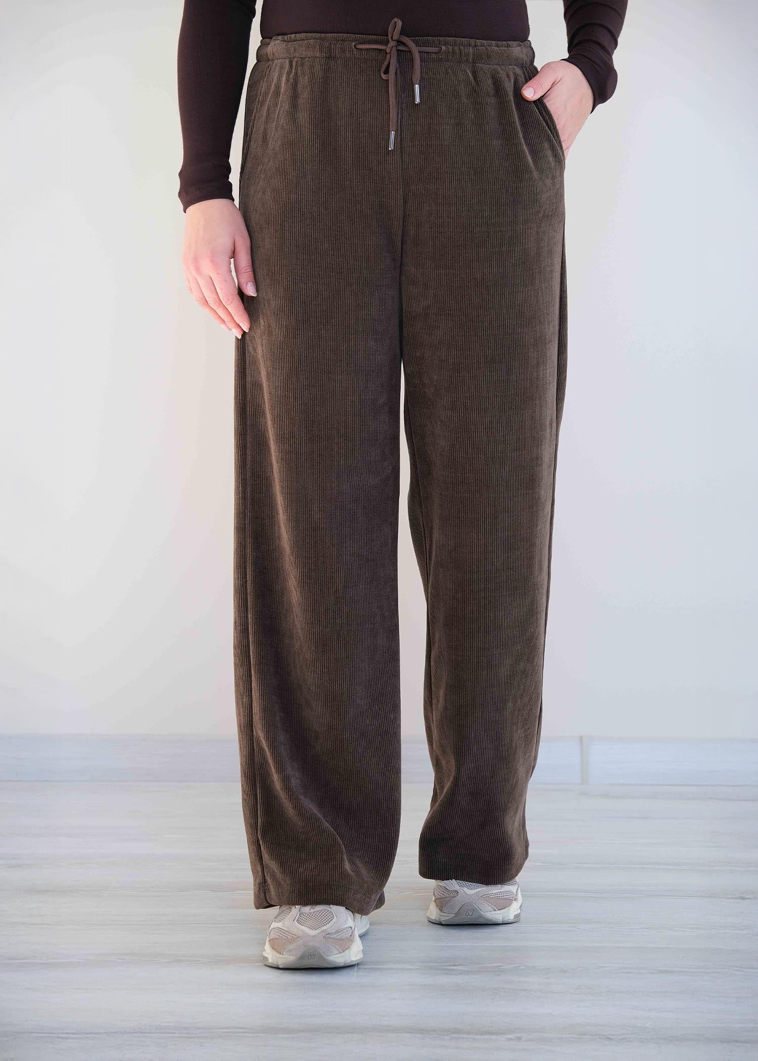 Beli Lastikli Fitilli Kadife Bol Paça Pantolon Kahve