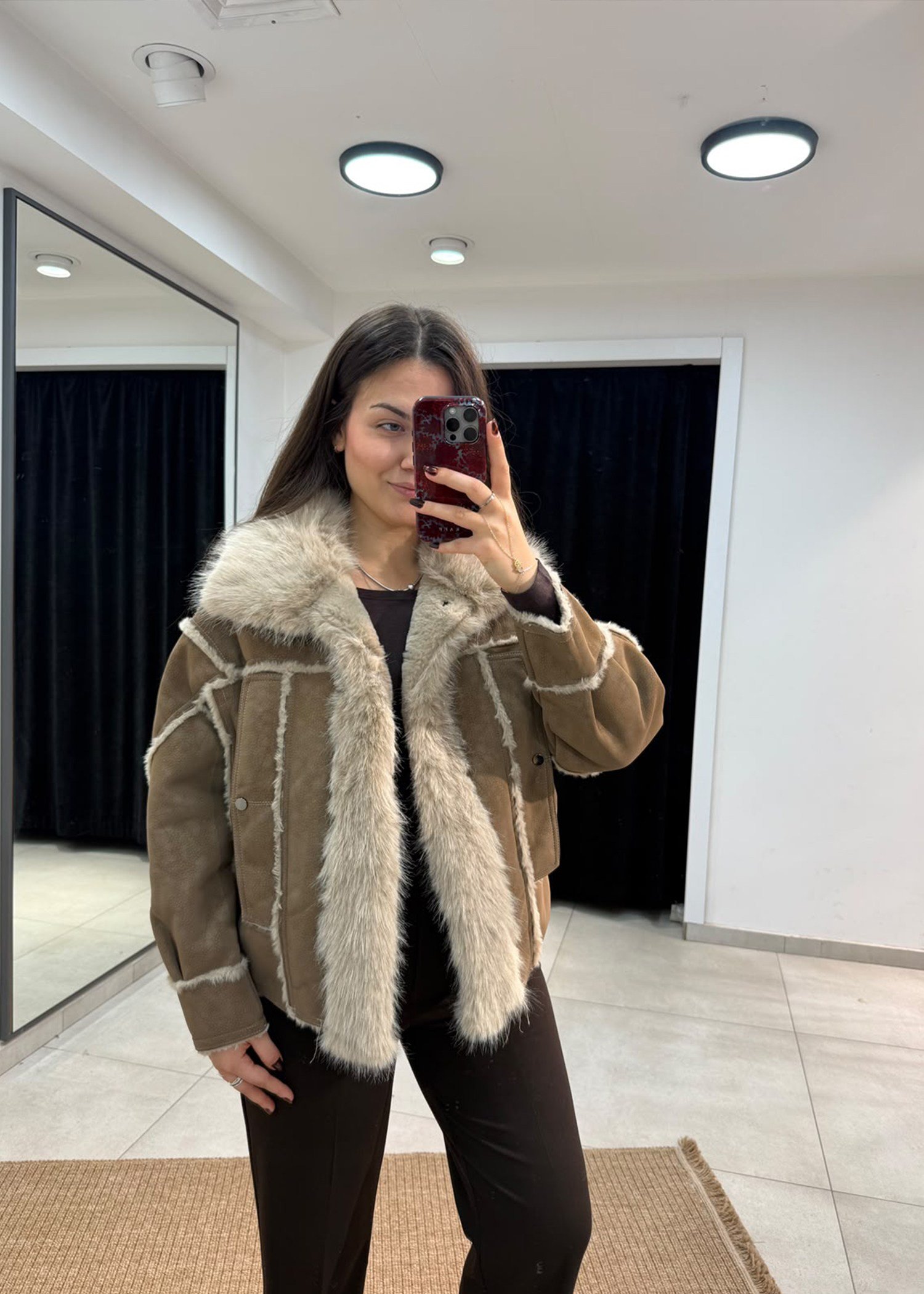 Kürk Detaylı Süet Mont Camel
