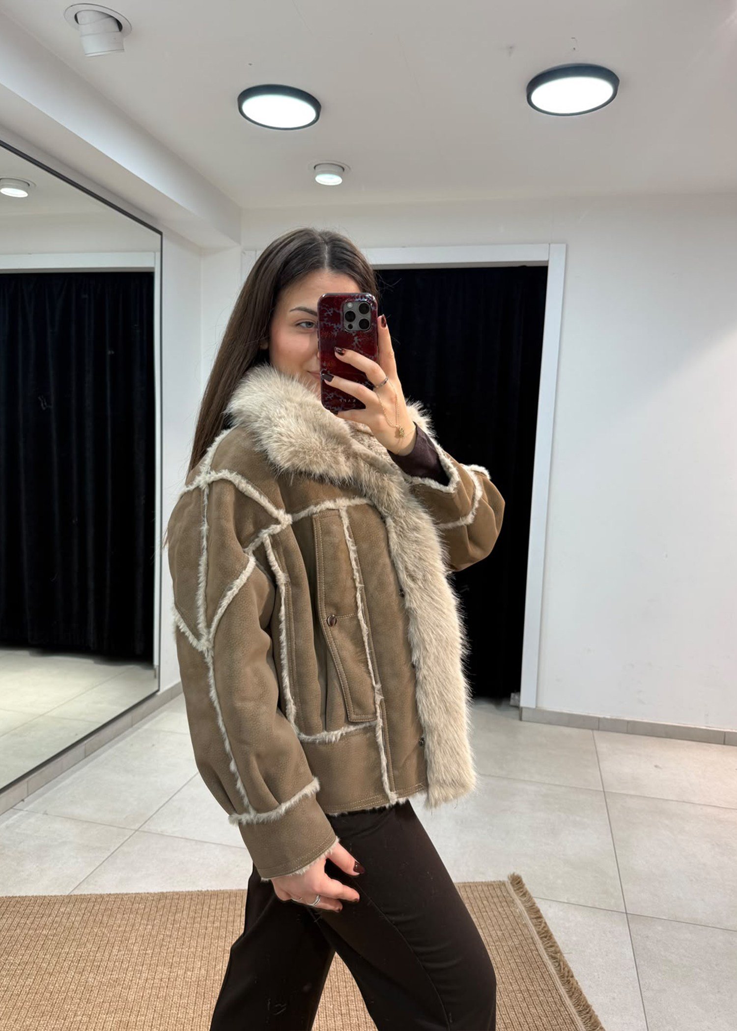 Kürk Detaylı Süet Mont Camel