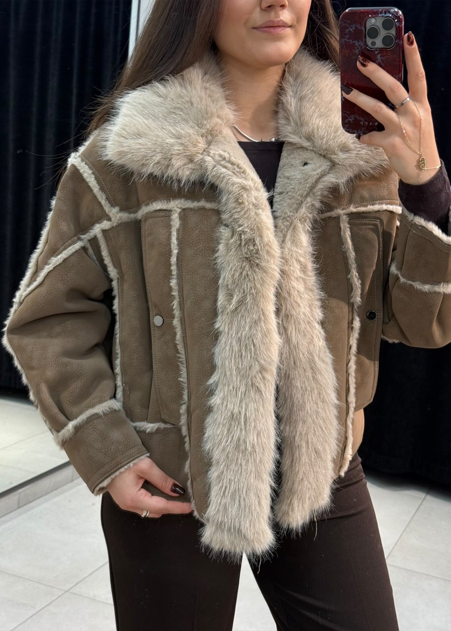 Kürk Detaylı Süet Mont Camel
