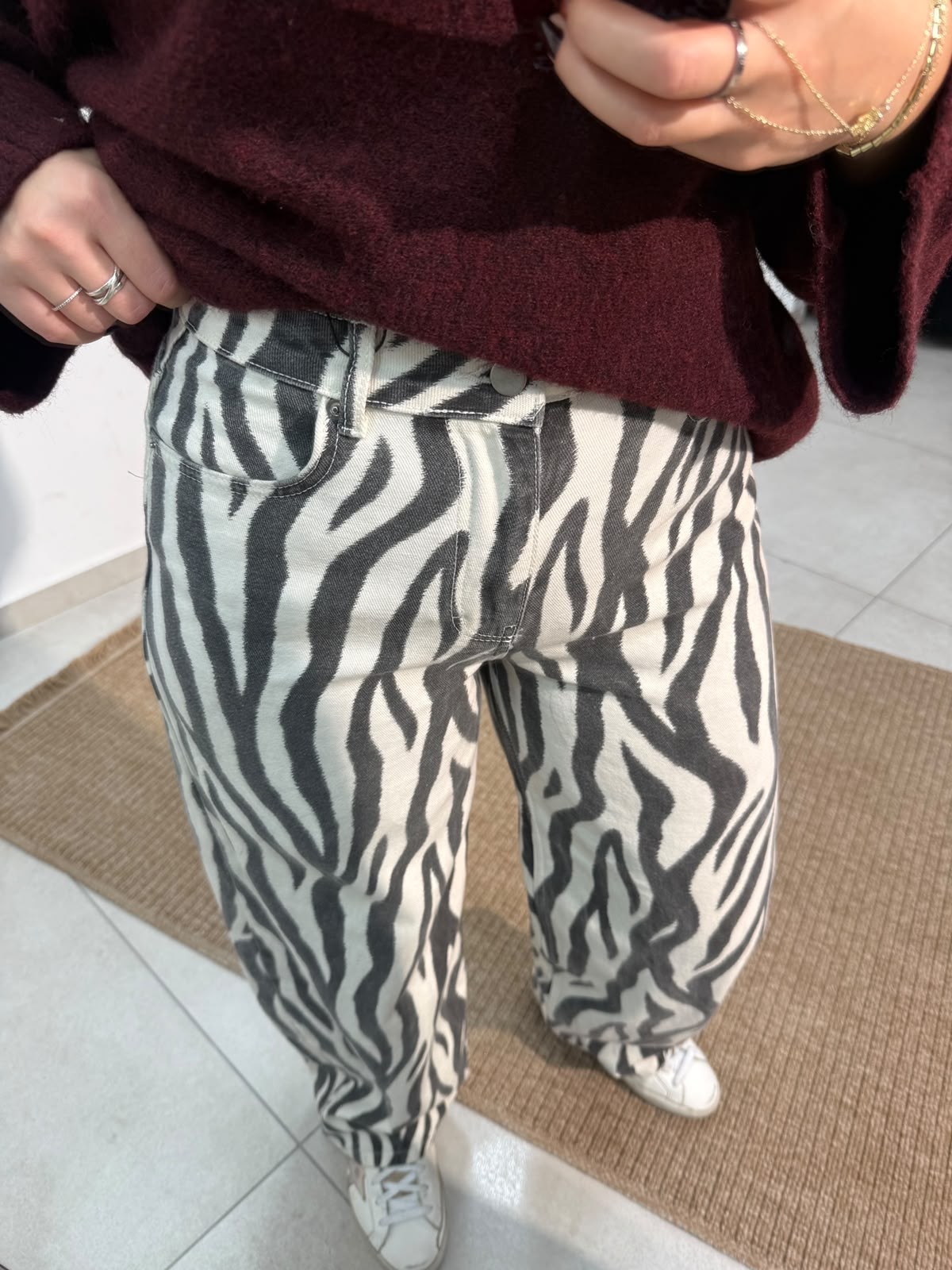 Zebra Desen Baggy Kot Pantolon Siyah-Ekru