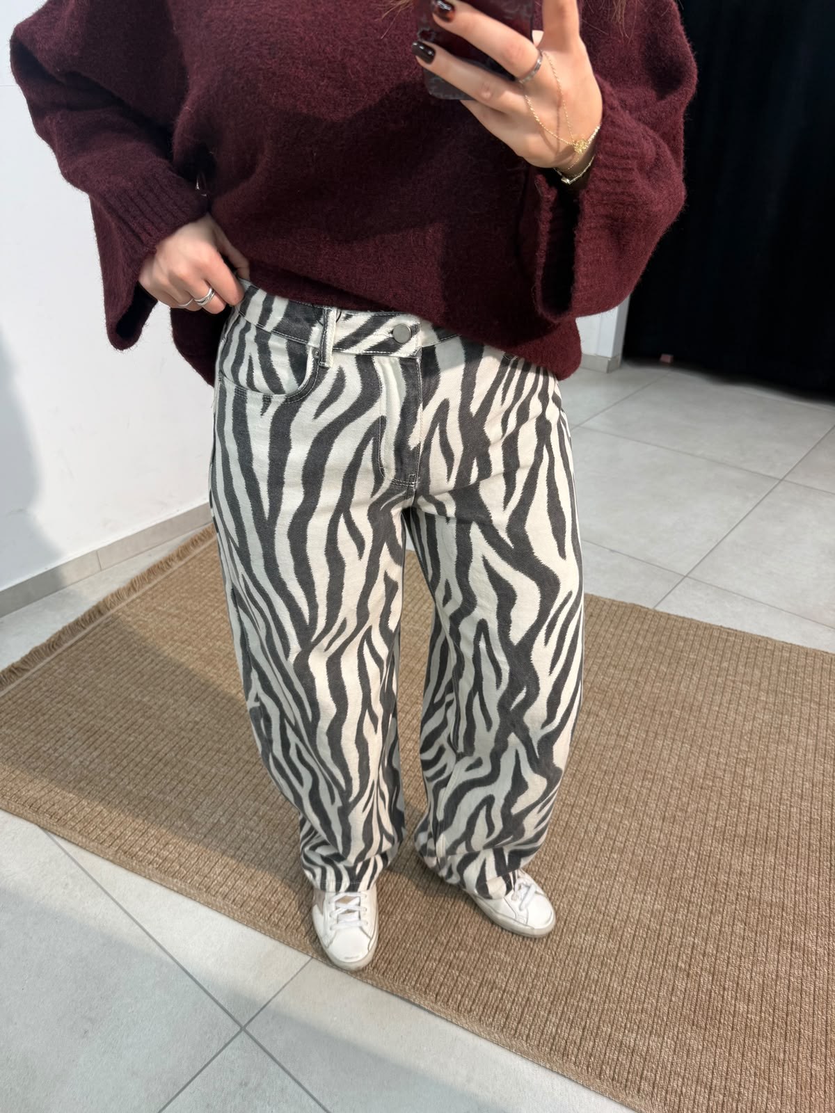 Zebra Desen Baggy Kot Pantolon Siyah-Ekru