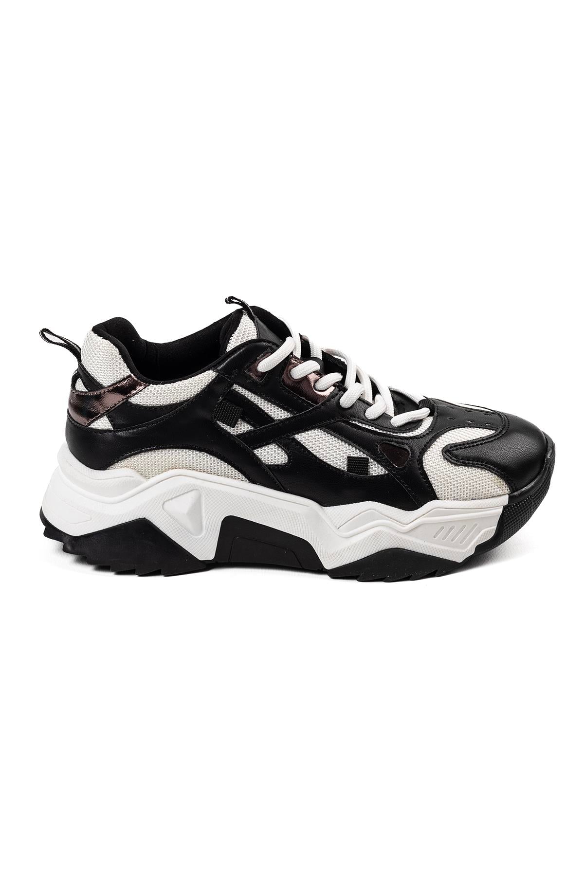 Kadın Siyah Beyaz Günlük Sneaker Kalın Taban Ayakkabı