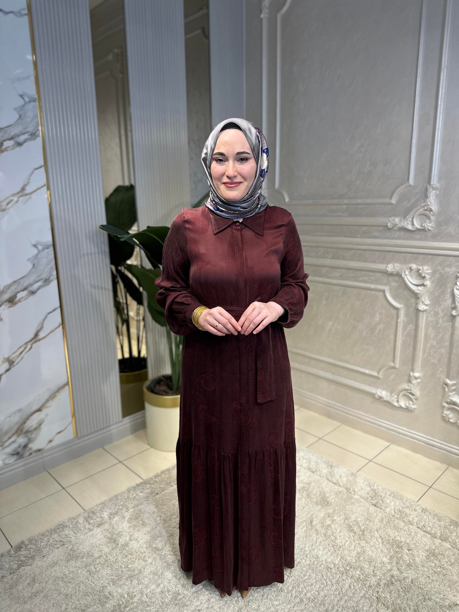 2044 Kendinden Desenli Kemerli Elbise