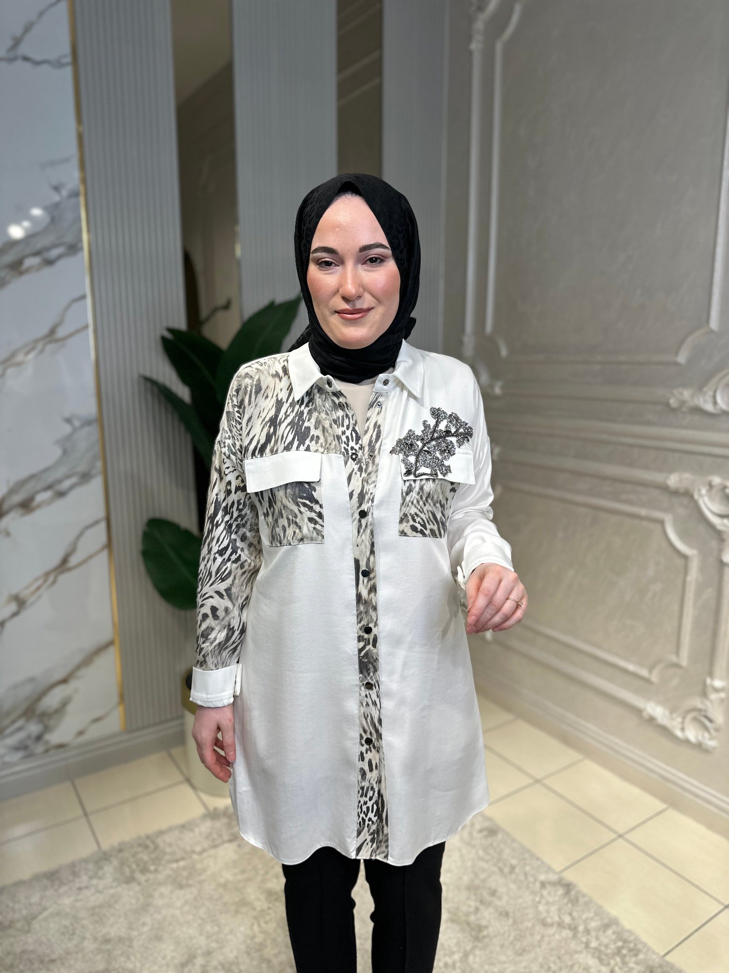 3248 Leopar Kombinli Taşlı Tencel Tunik
