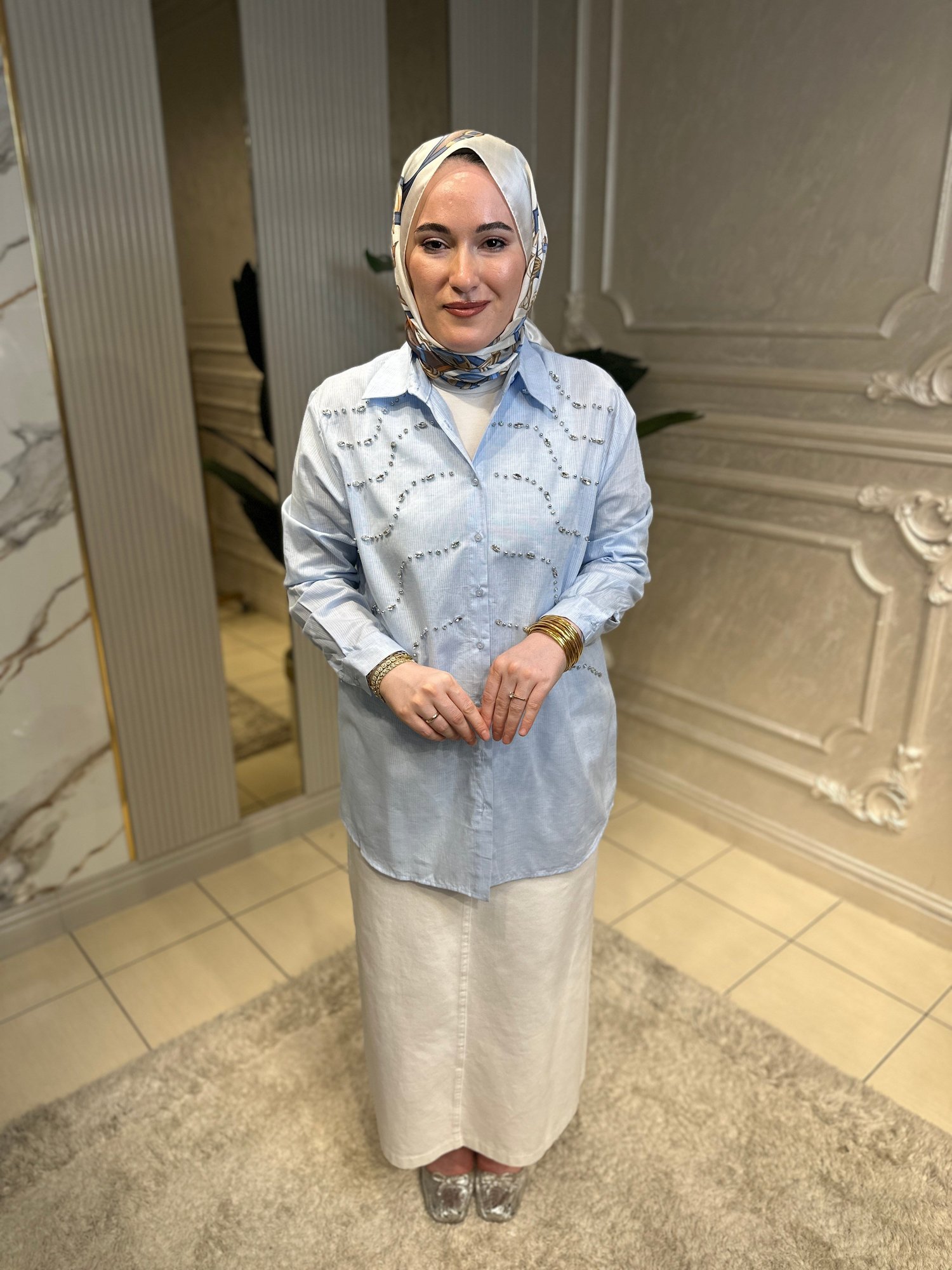 34568 İnci Taş Detaylı Gömlek