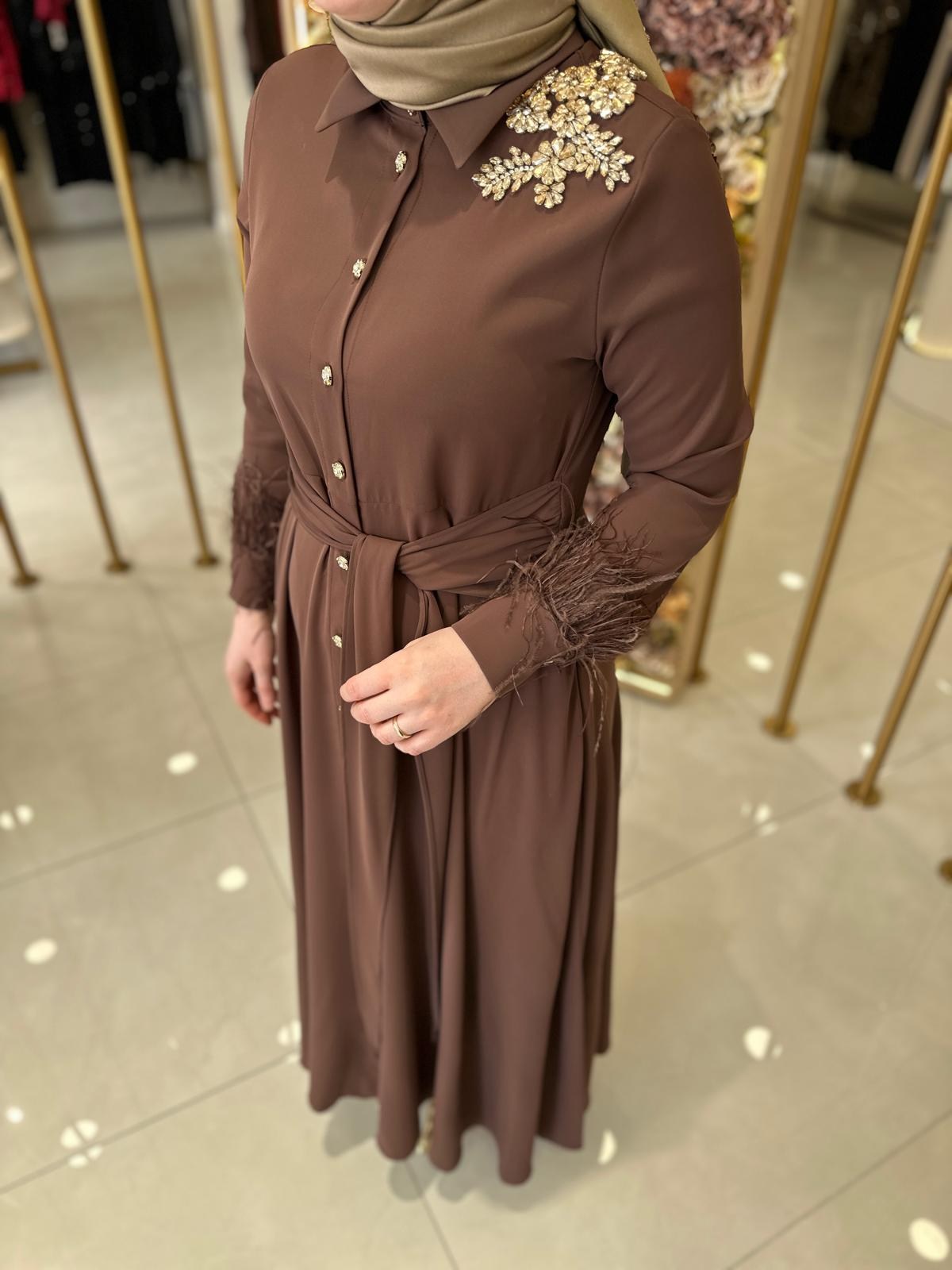 4004 Kolu Otrişli İpek Krep Elbise