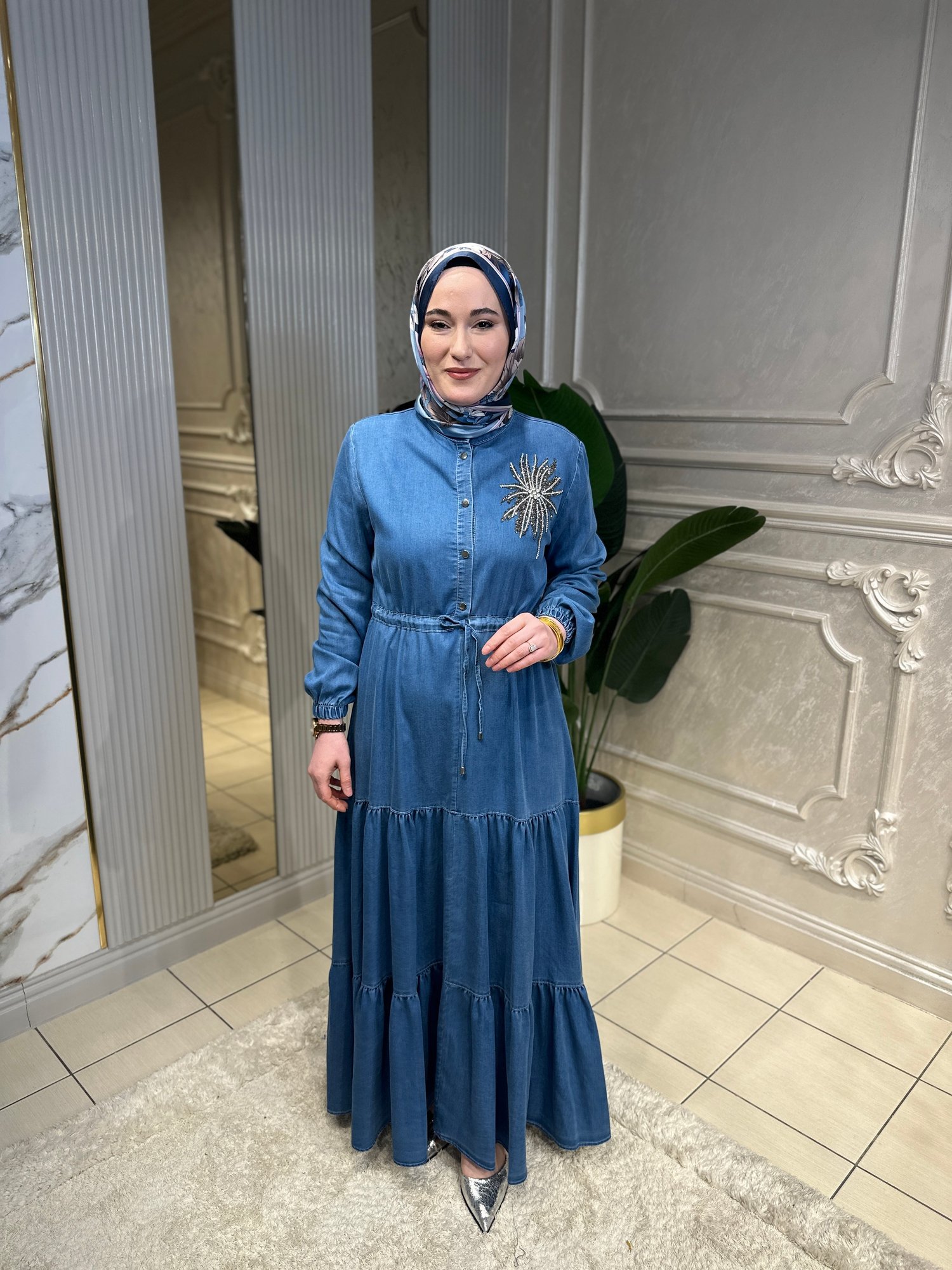 5006 Tencel Taşlı Elbise