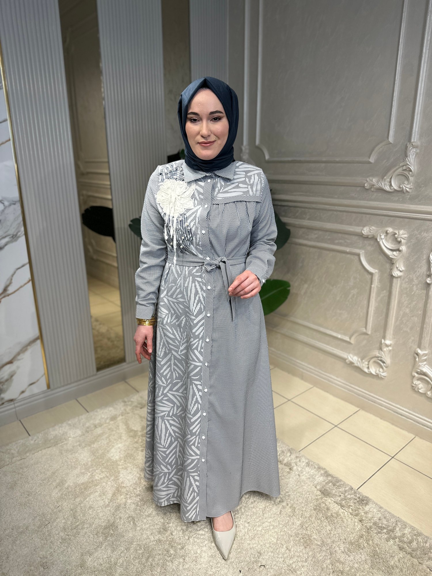 5031 Lase İşlemeli Çizgili Elbise