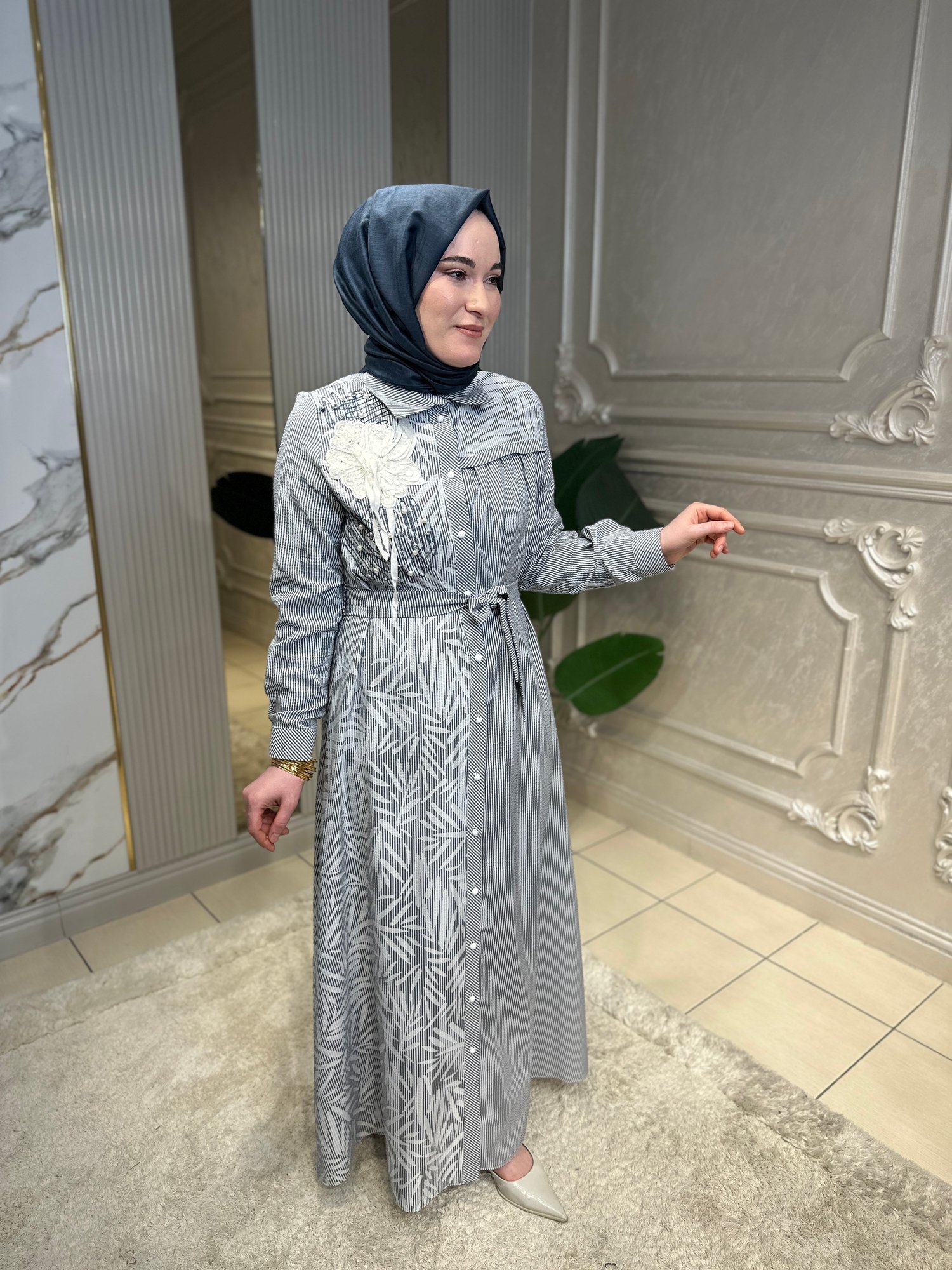 5031 Lase İşlemeli Çizgili Elbise