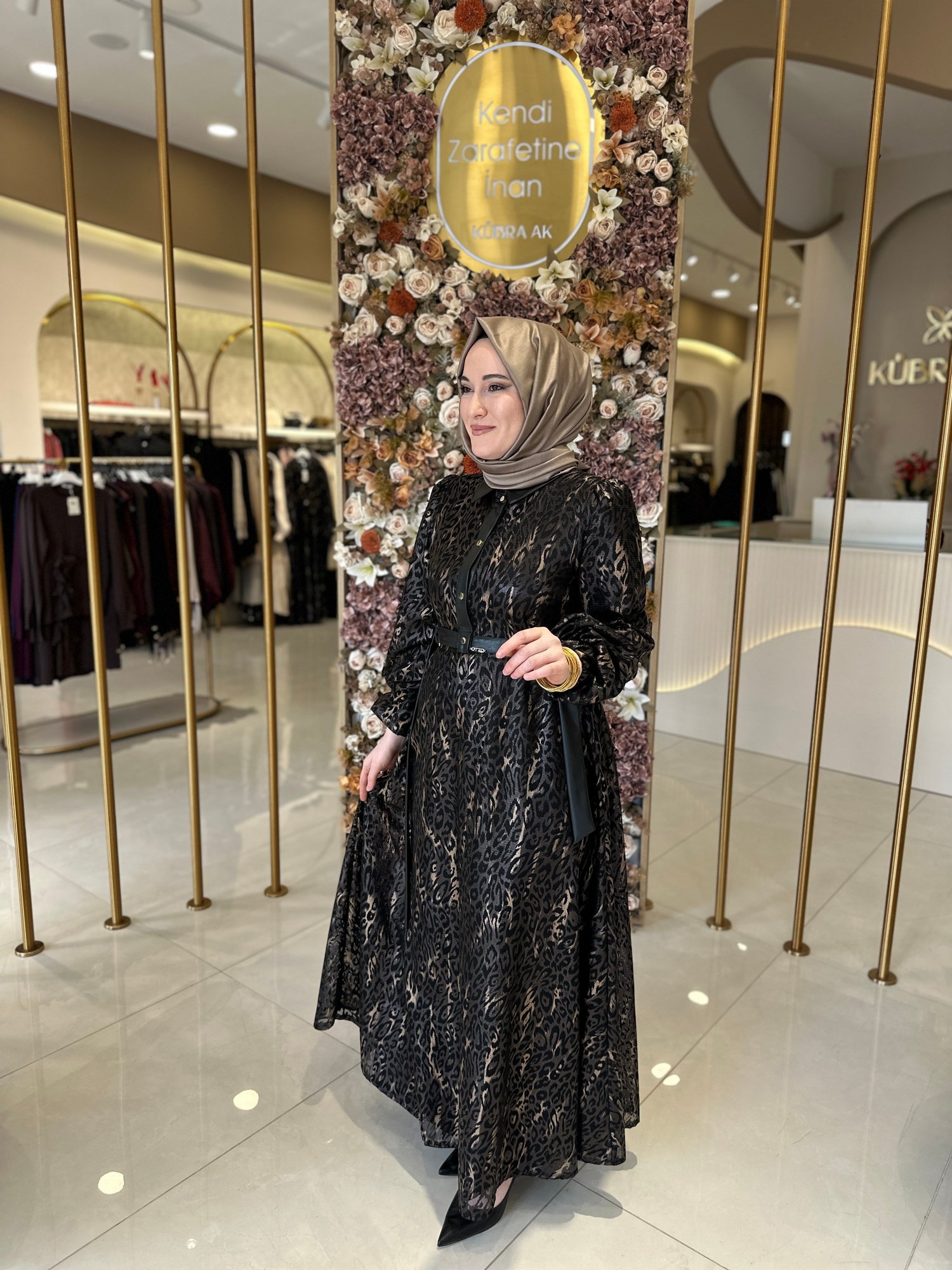 5301 Leopar Desen Deri Kombinli Elbise