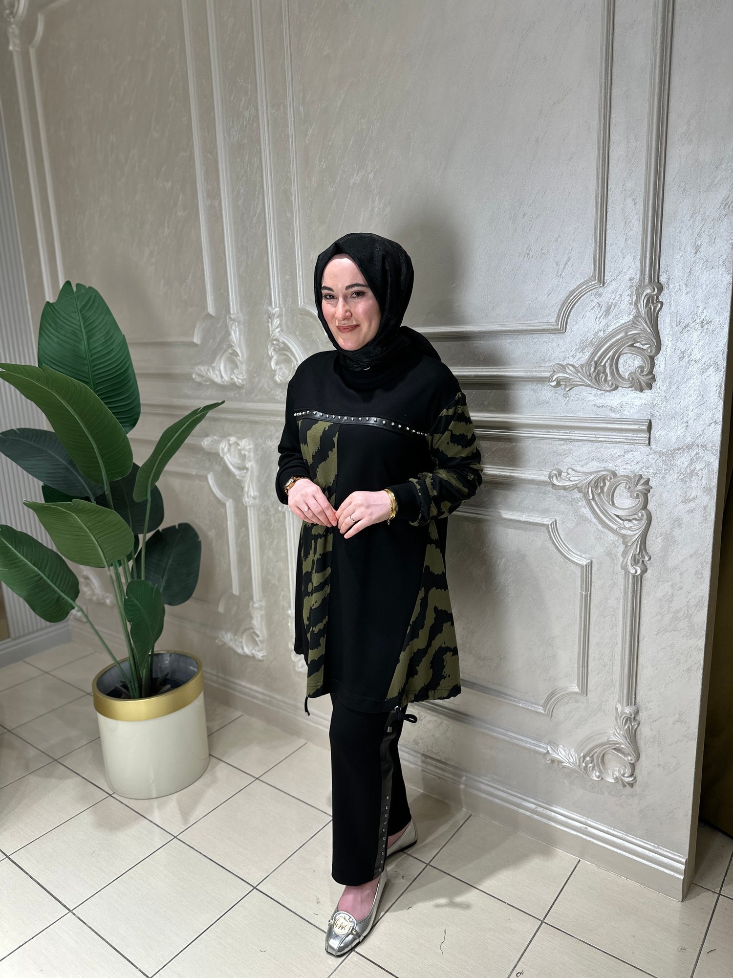 Ak3085 Zebra Desen Taş Detaylı Tunik