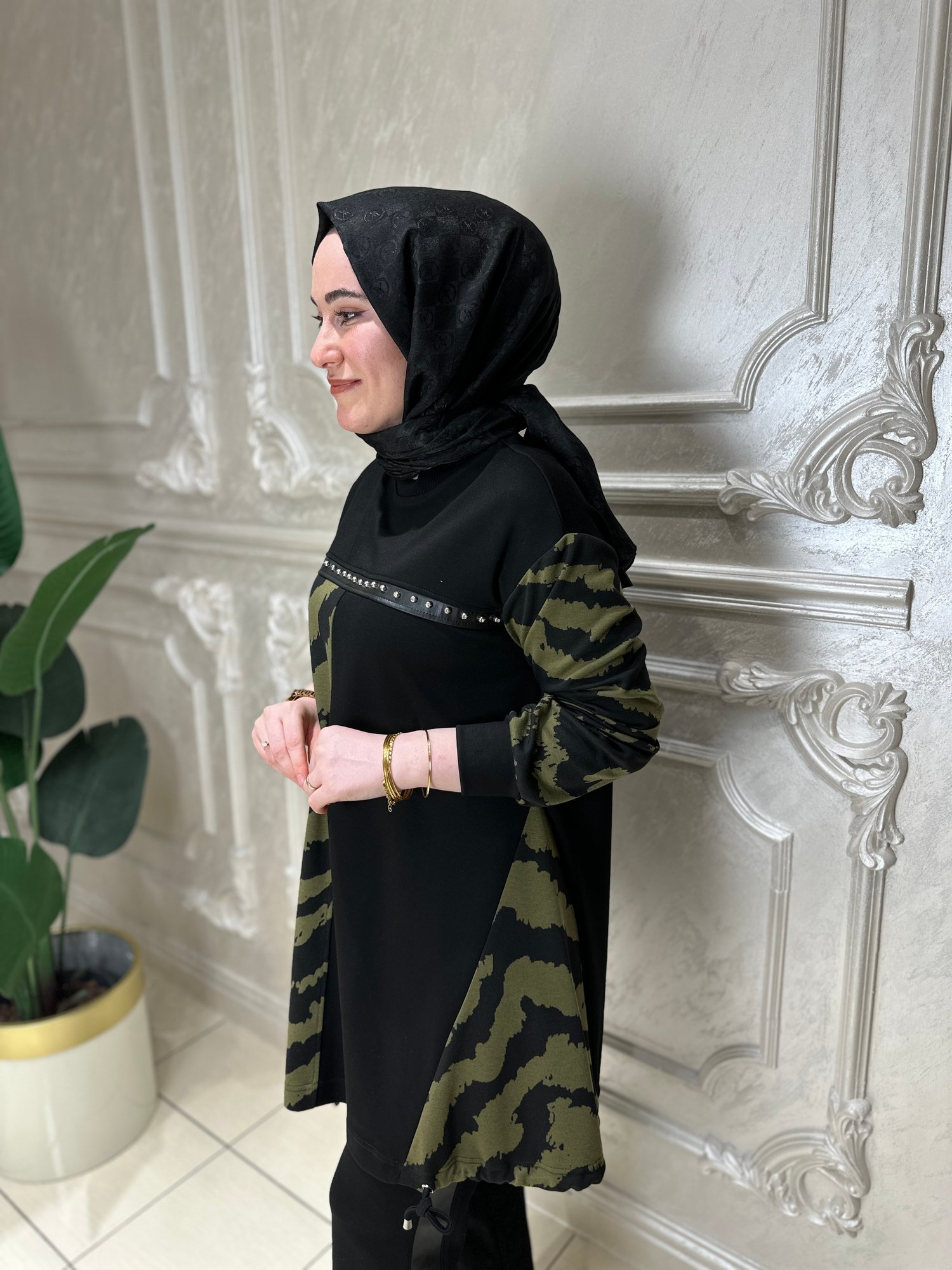 Ak3085 Zebra Desen Taş Detaylı Tunik
