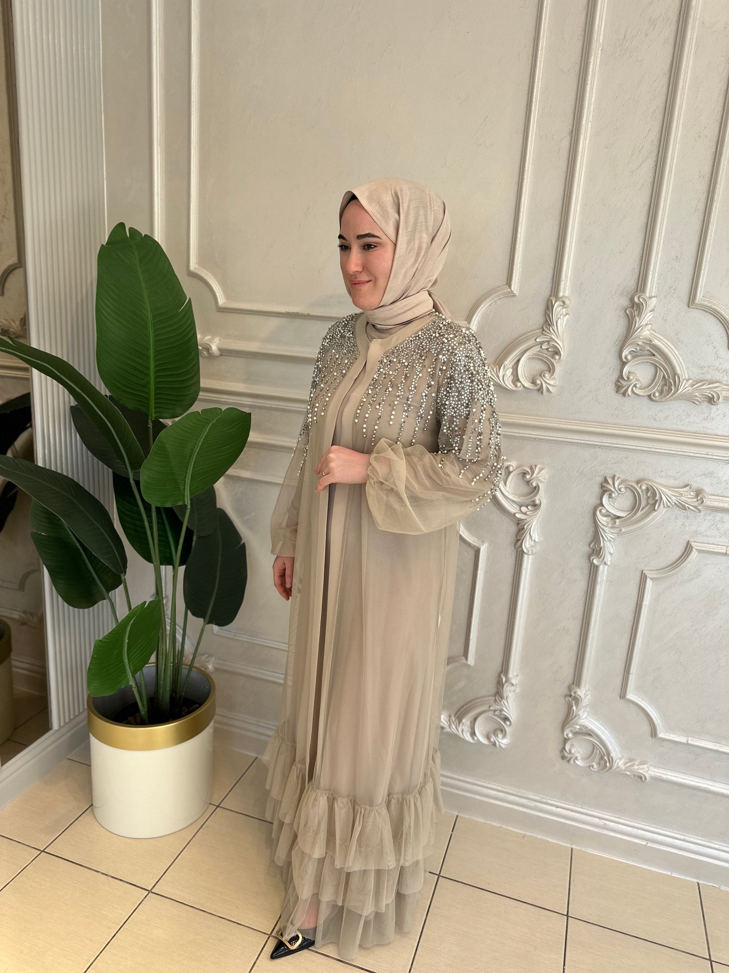 Ak6088 İncili Tül Abaya