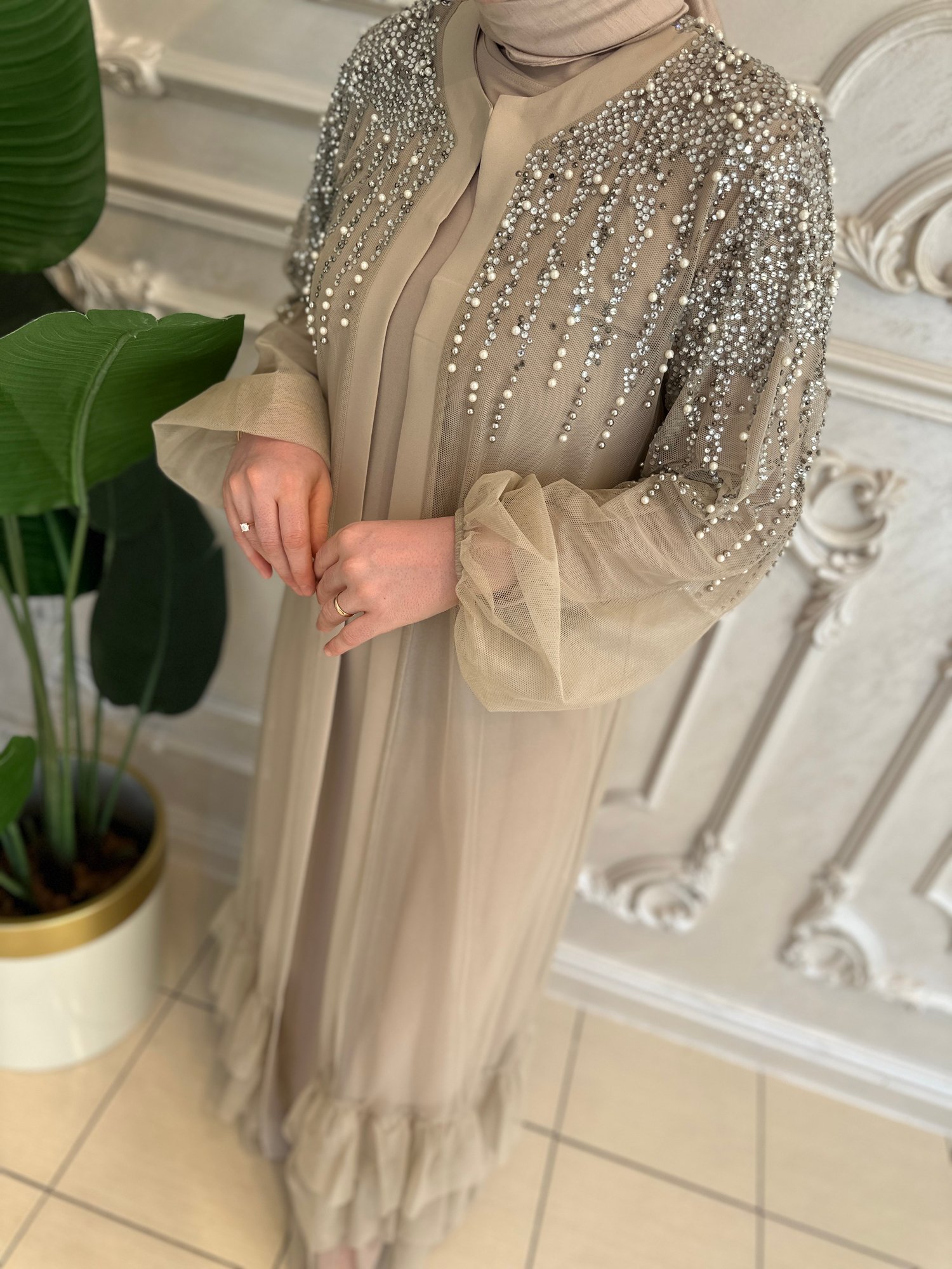 Ak6088 İncili Tül Abaya