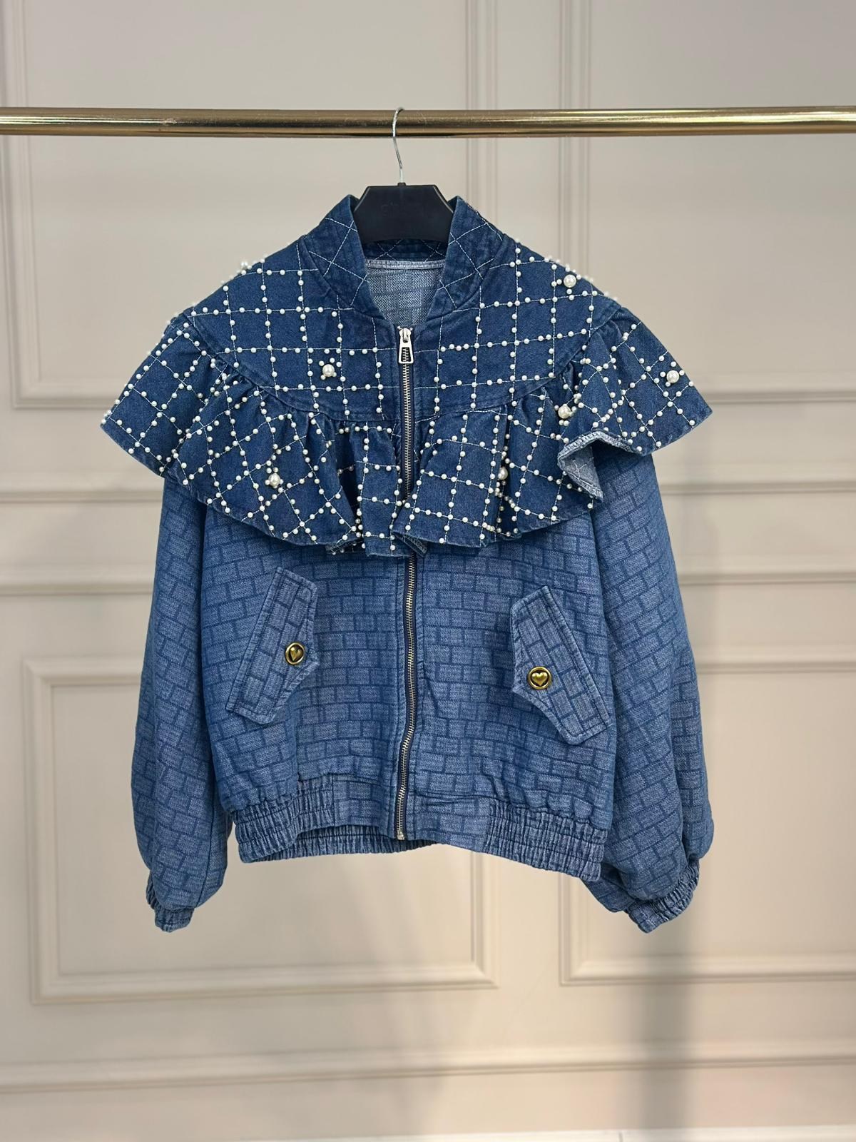 İthal İncili Kot Bomber Ceket