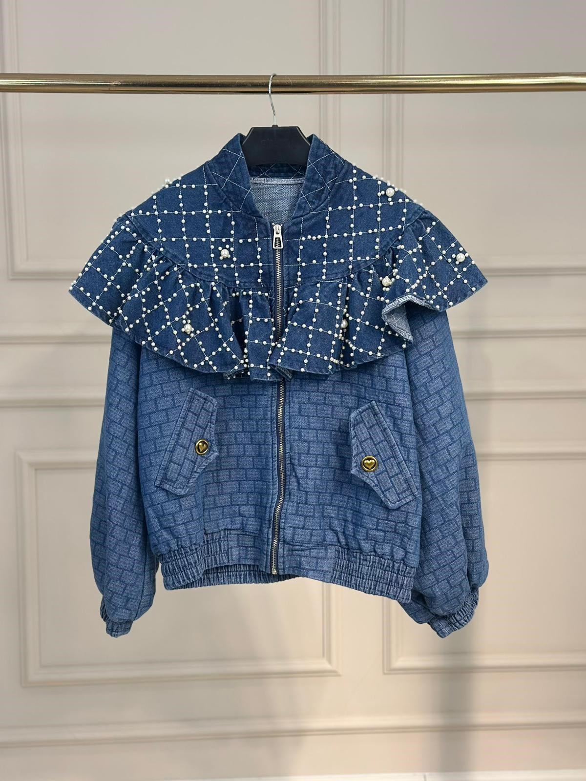 İthal İncili Kot Bomber Ceket