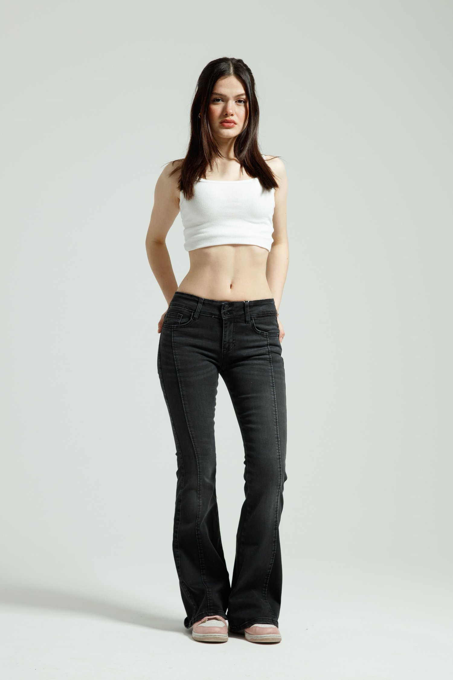 Antrasit Orta Bel Flare Jean