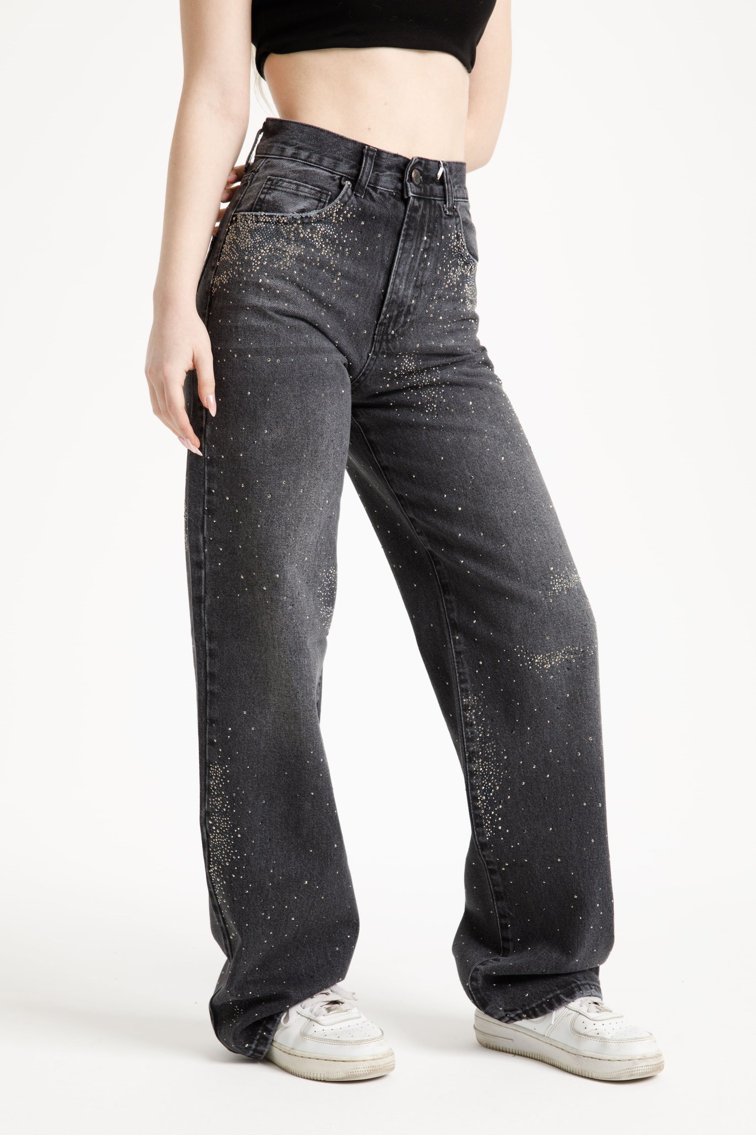 Antrasit Taşlı Straight Jean