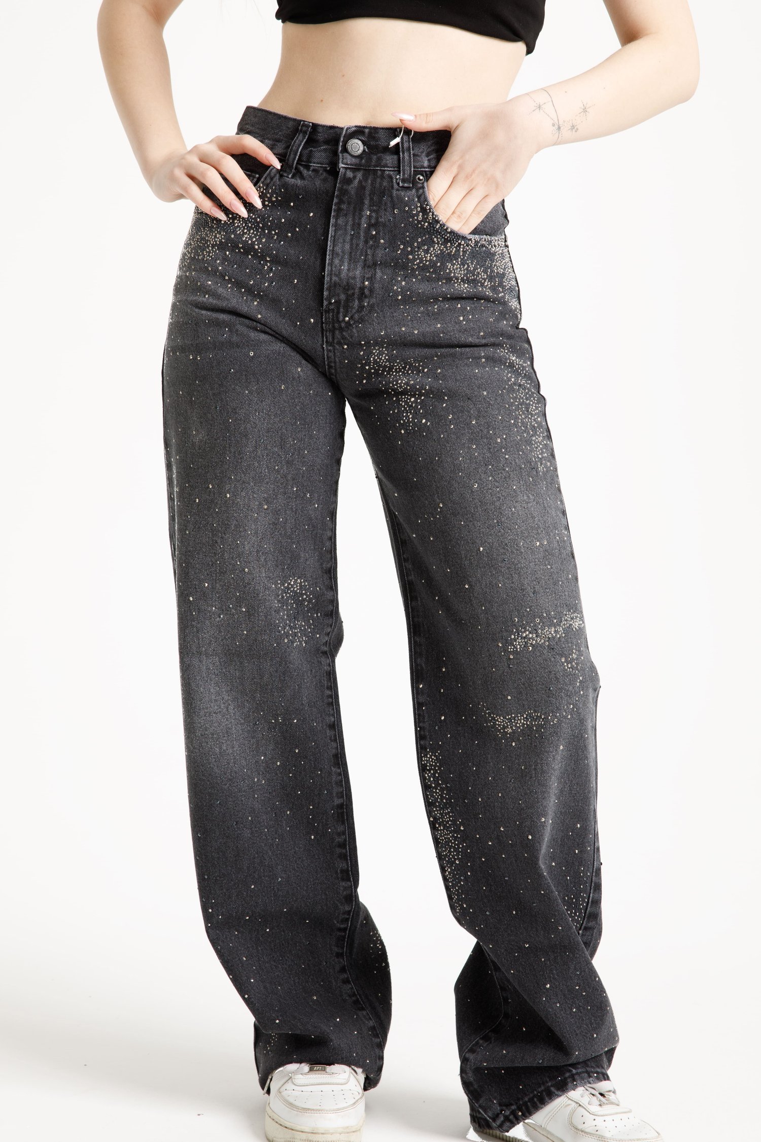 Antrasit Taşlı Straight Jean
