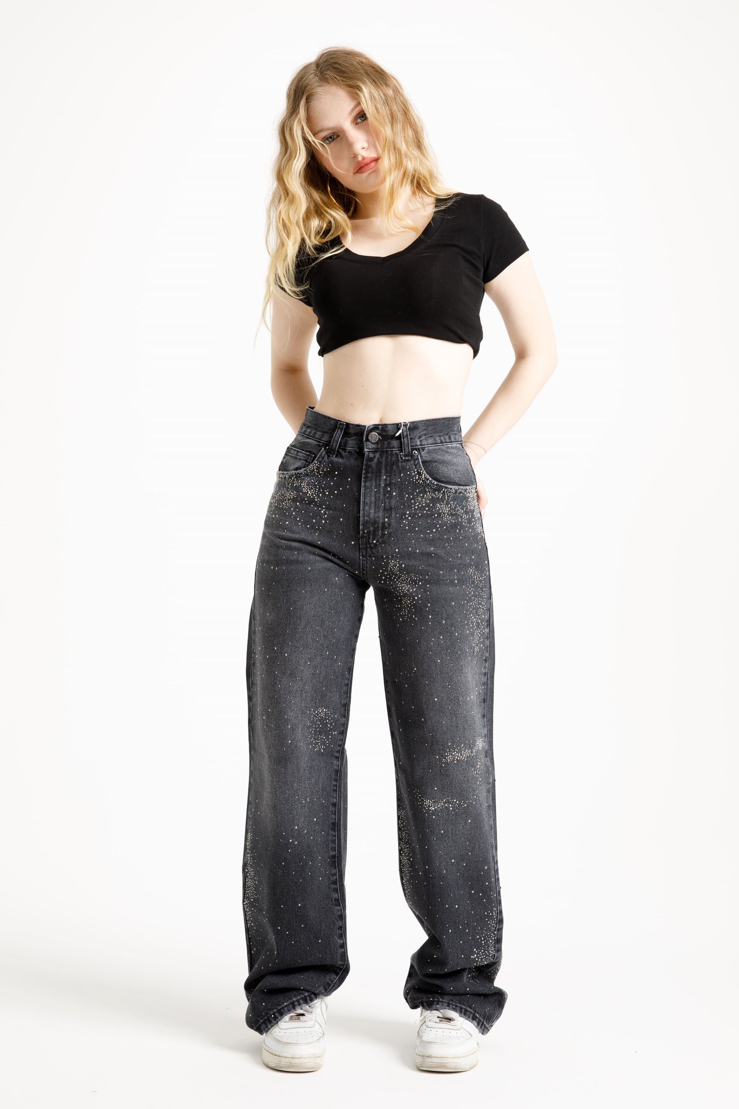 Antrasit Taşlı Straight Jean