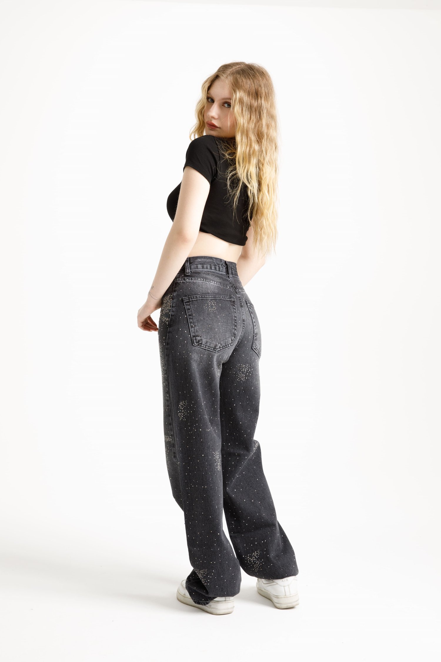 Antrasit Taşlı Straight Jean