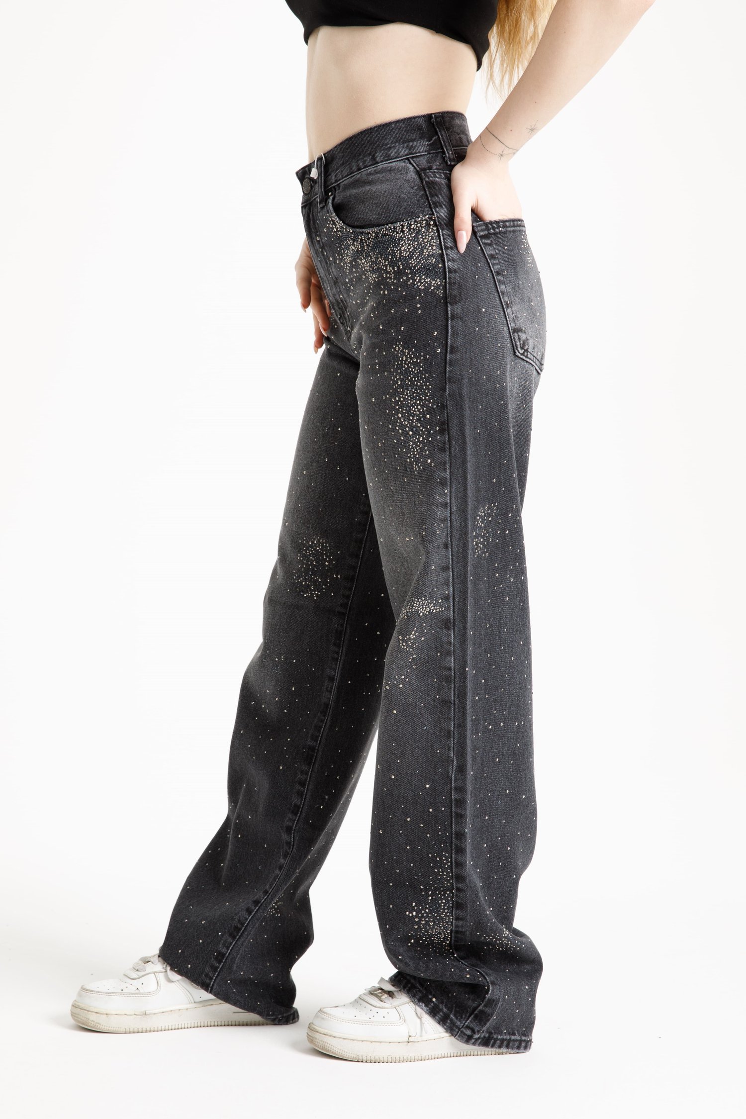 Antrasit Taşlı Straight Jean