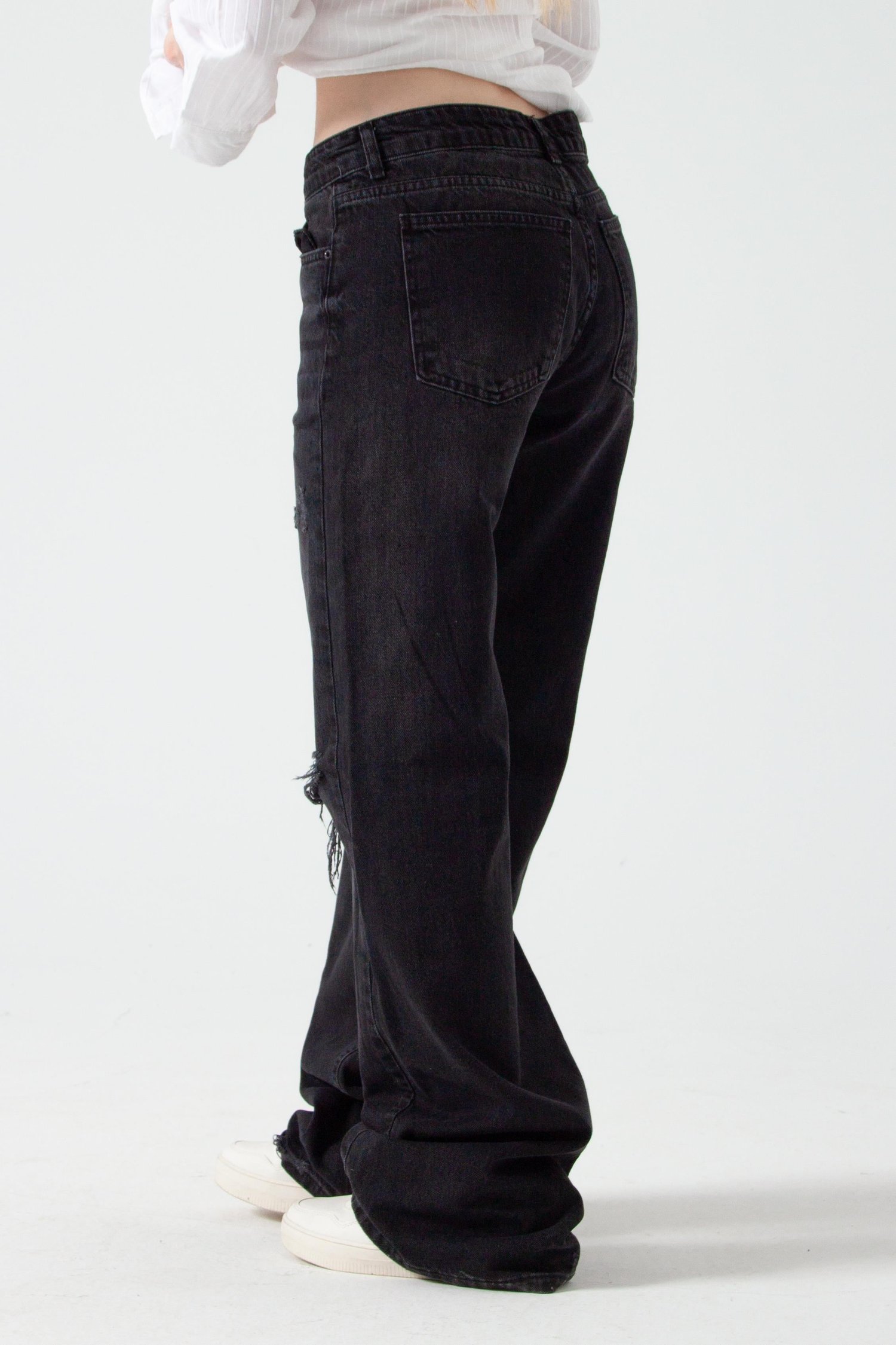Antrasit Yırtıklı Baggy Flare Jean