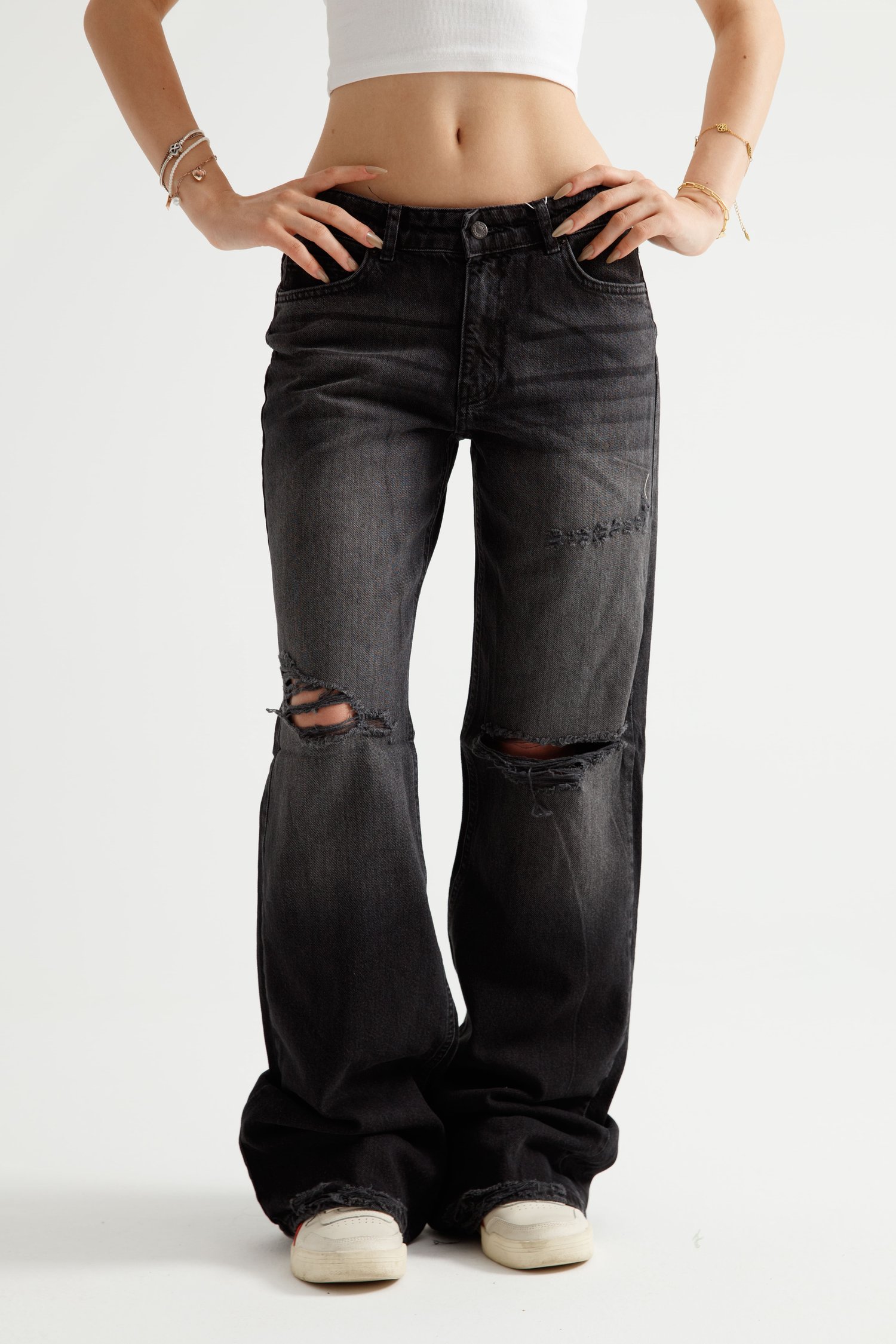 Antrasit Yırtıklı Baggy Flare Jean
