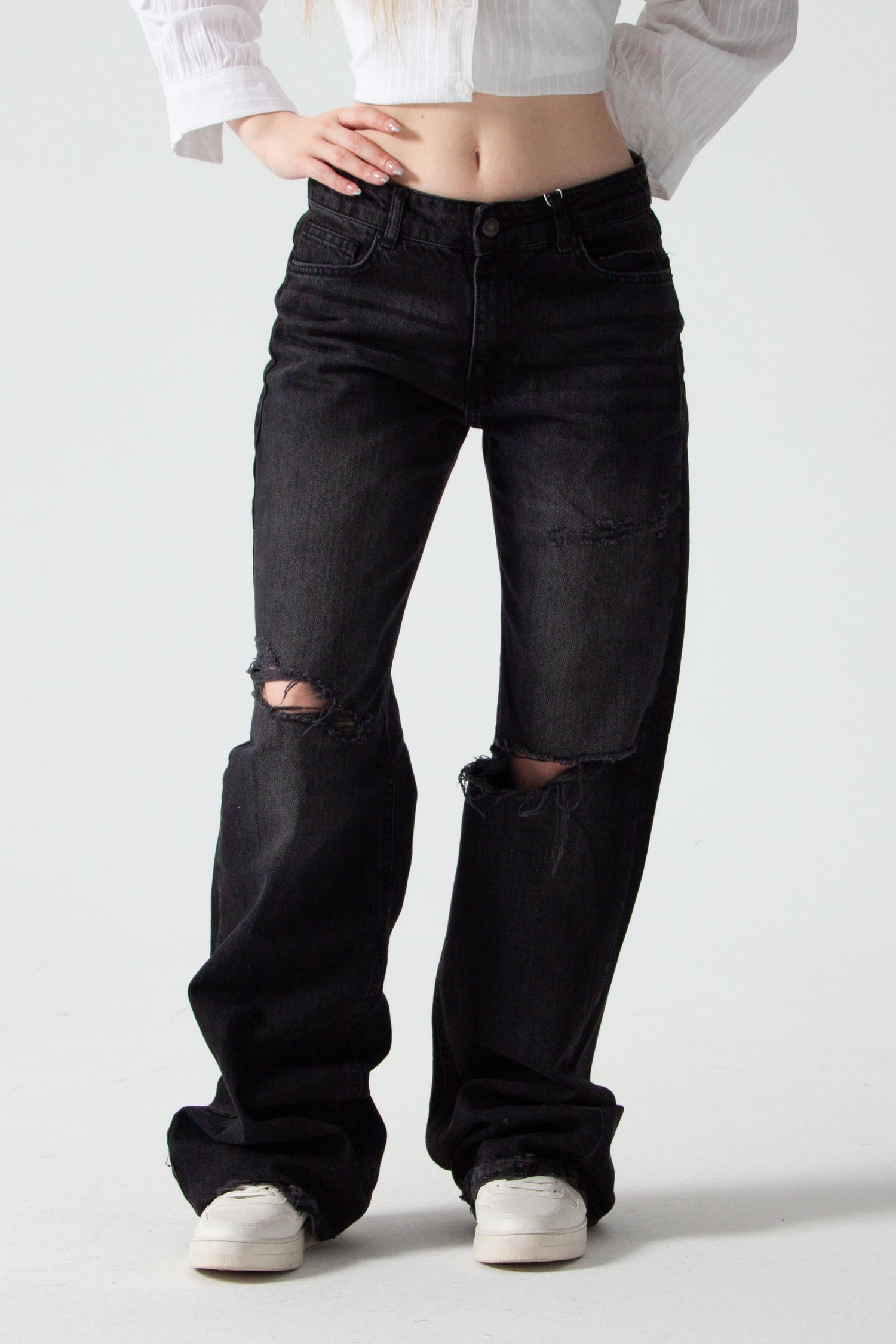 Antrasit Yırtıklı Baggy Flare Jean